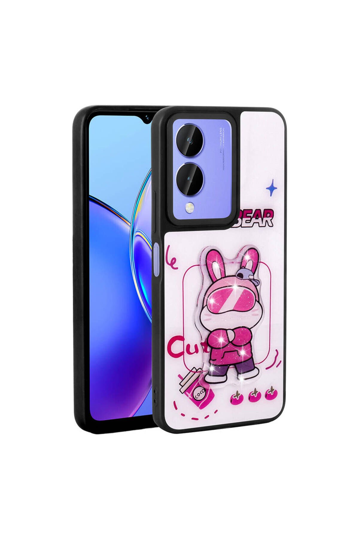 Vivo Y17S Kılıf Parlayan Kabartmalı İkonik Figürlü BSAY Amas Silikon Kapak - Pembe Beyaz