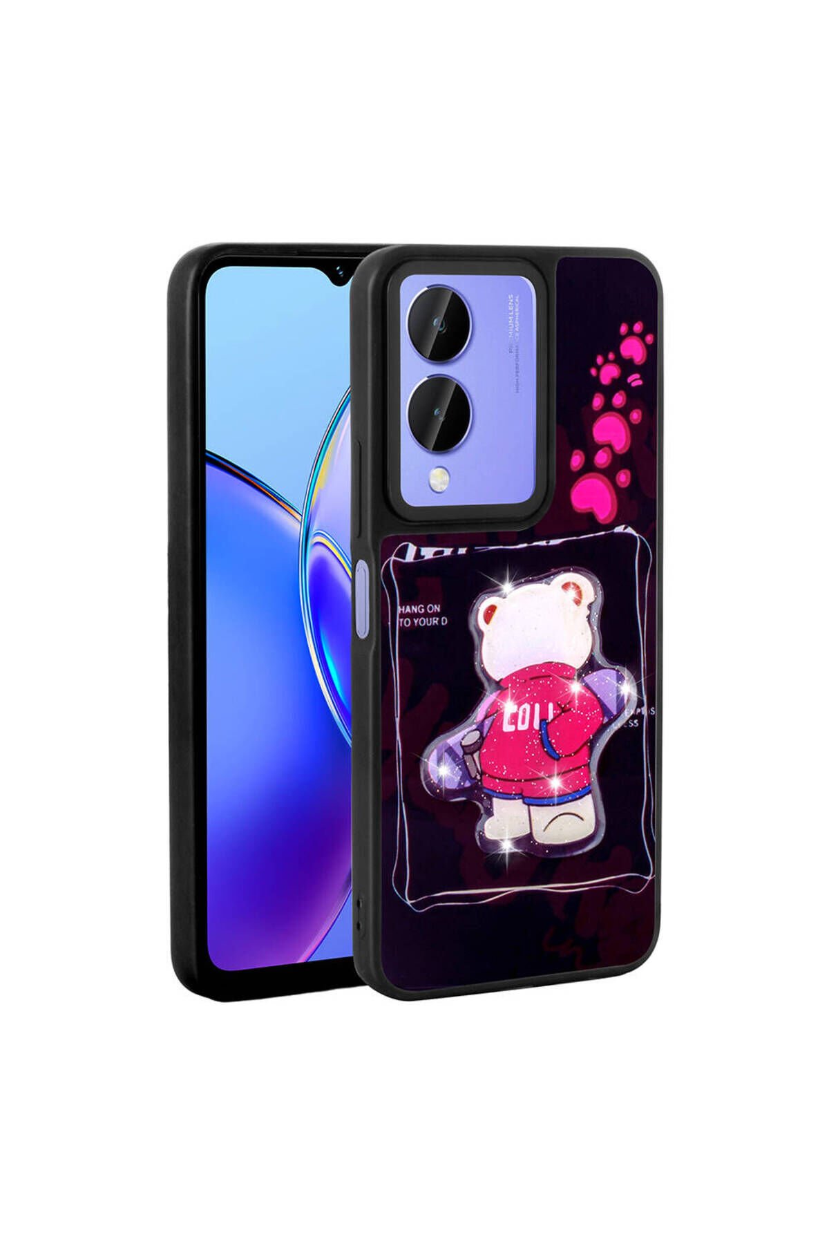 Vivo Y17S Kılıf Parlayan Kabartmalı İkonik Figürlü BSAY Amas Silikon Kapak - Pembe Siyah