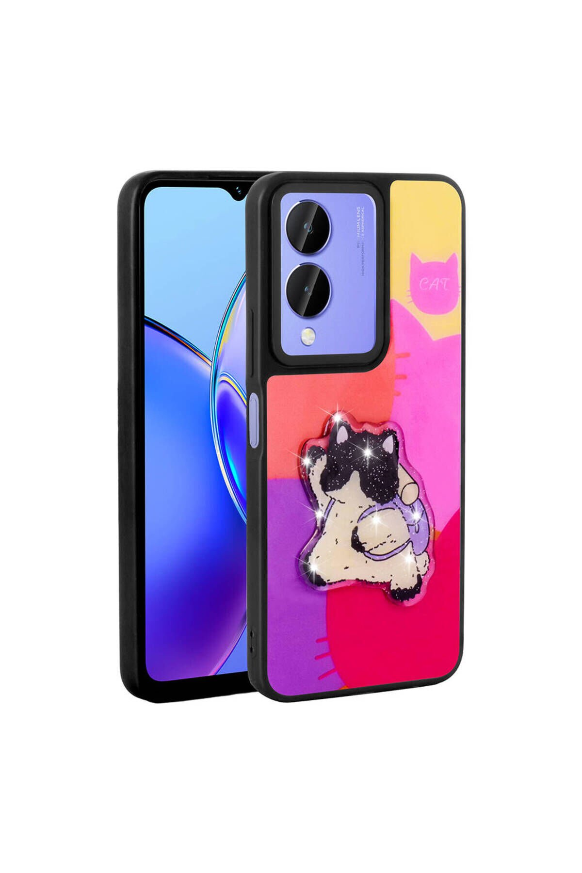 Vivo Y17S Kılıf Parlayan Kabartmalı İkonik Figürlü BSAY Amas Silikon Kapak - Pembe Mor