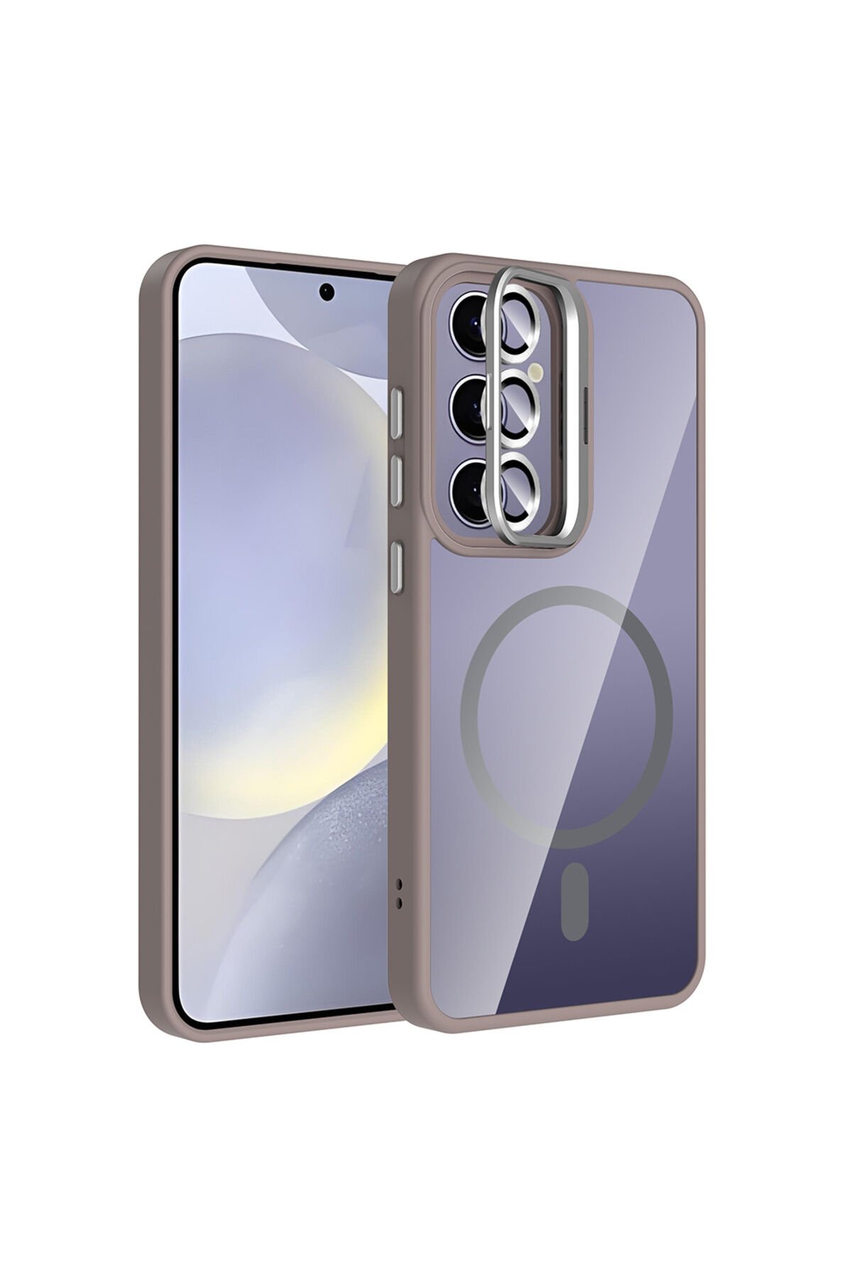 Galaxy S24 Plus Kılıf Standlı ve Kamera Lens Hediyeli M-Safe Şarj Özellikli EFR Etro Kapak - Desert Gri