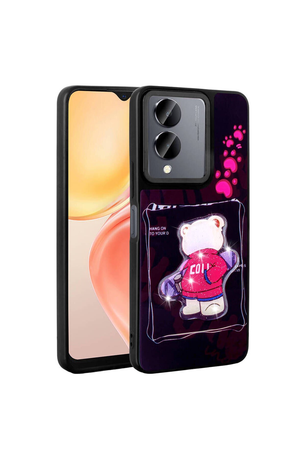Vivo Y36 5G Kılıf Parlayan Kabartmalı İkonik Figürlü BSAY Amas Silikon Kapak - Pembe Pembe