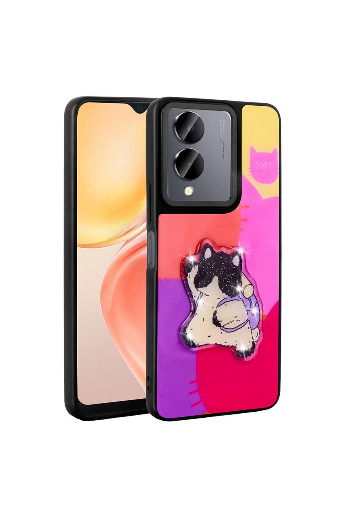 Vivo Y36 5G Kılıf Parlayan Kabartmalı İkonik Figürlü BSAY Amas Silikon Kapak - Pembe Mor