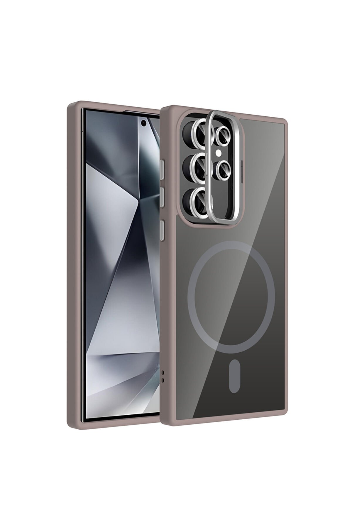 Galaxy S24 Ultra Kılıf Standlı ve Kamera Lens Hediyeli M-Safe Şarj Özellikli BSAY Etro Kapak - Pembe Gri