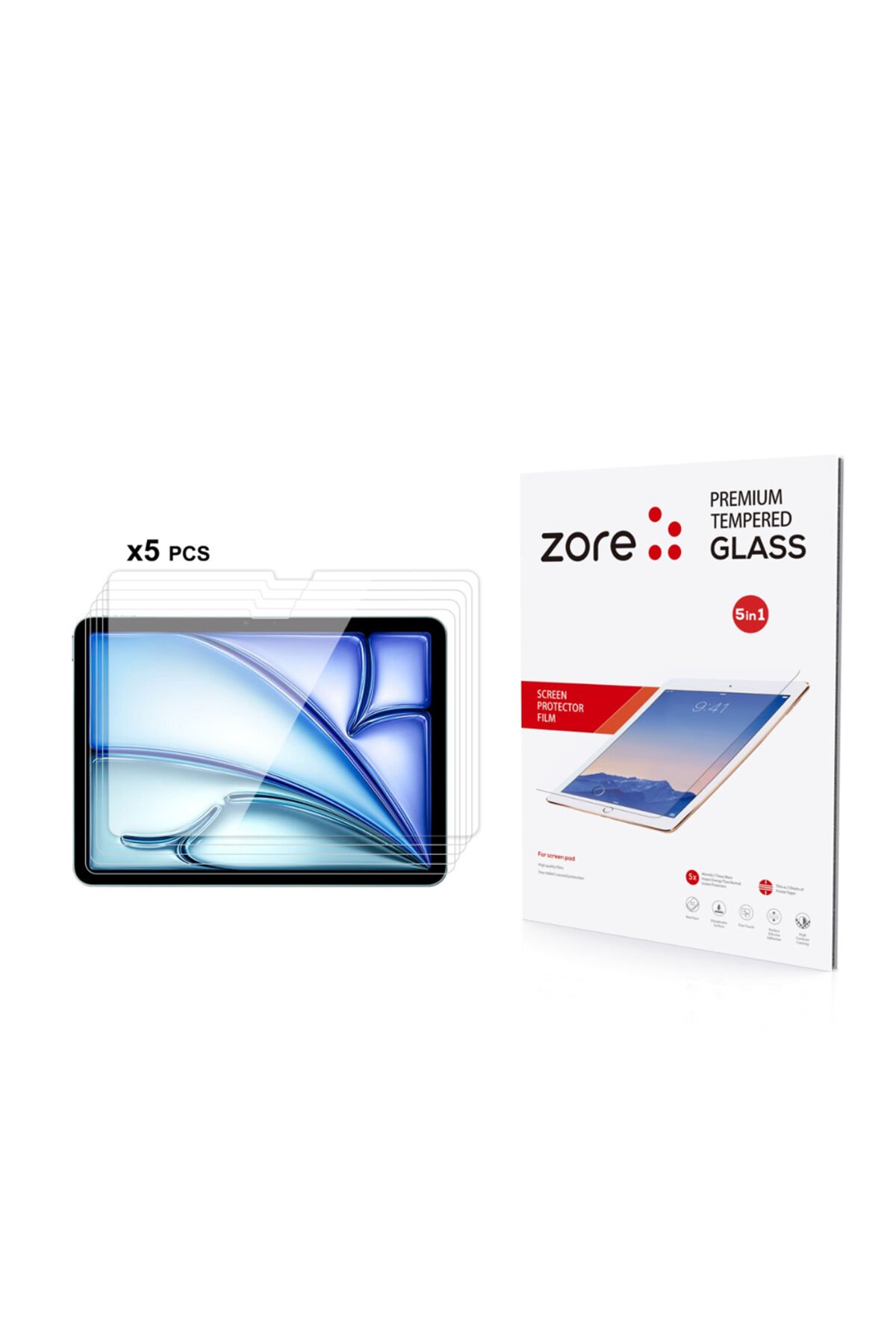 iPad Air 11 2024 Uyumlu ZPRB 5in1 Tablet Temperli Cam Ekran Koruyucu-Şeffaf Şeffaf