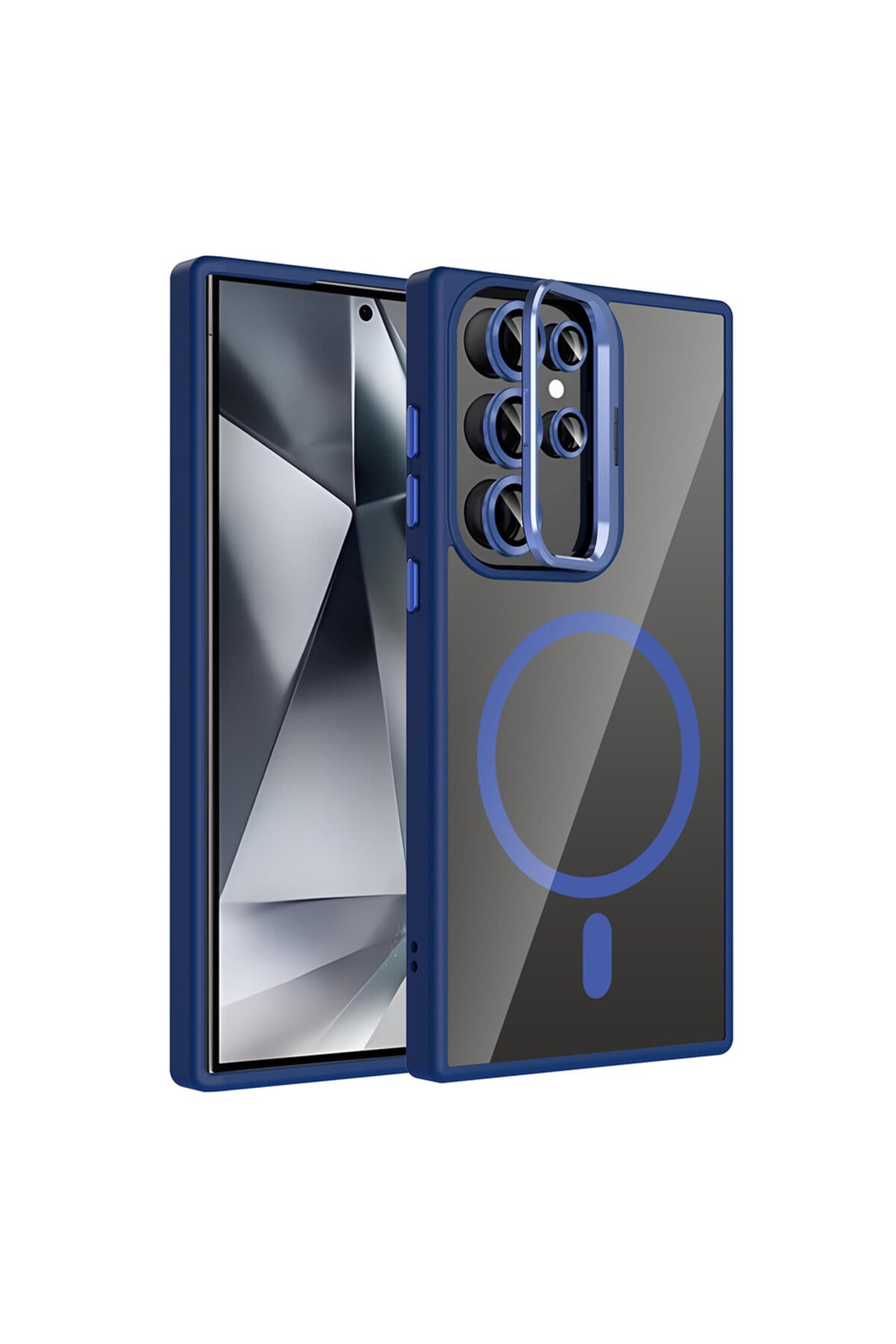 Galaxy S24 Ultra Kılıf Standlı ve Kamera Lens Hediyeli M-Safe Şarj Özellikli BSAY Etro Kapak - Pembe Lacivert