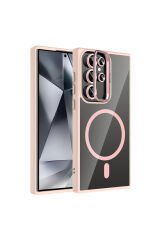 Galaxy S24 Ultra Kılıf Standlı ve Kamera Lens Hediyeli M-Safe Şarj Özellikli BSAY Etro Kapak - Pembe Lacivert