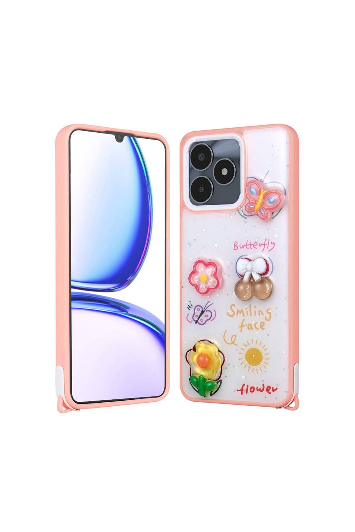 Realme C53 Kılıf Parlayan Simli Kabartma Figürlü BSAY Cevze Kapak - Pembe Pembe