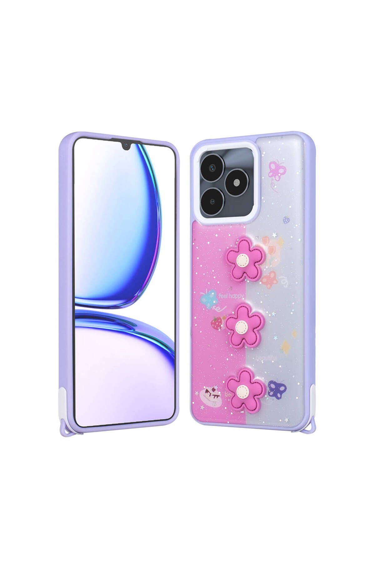 Realme C53 Kılıf Parlayan Simli Kabartma Figürlü BSAY Cevze Kapak - Pembe Pembe