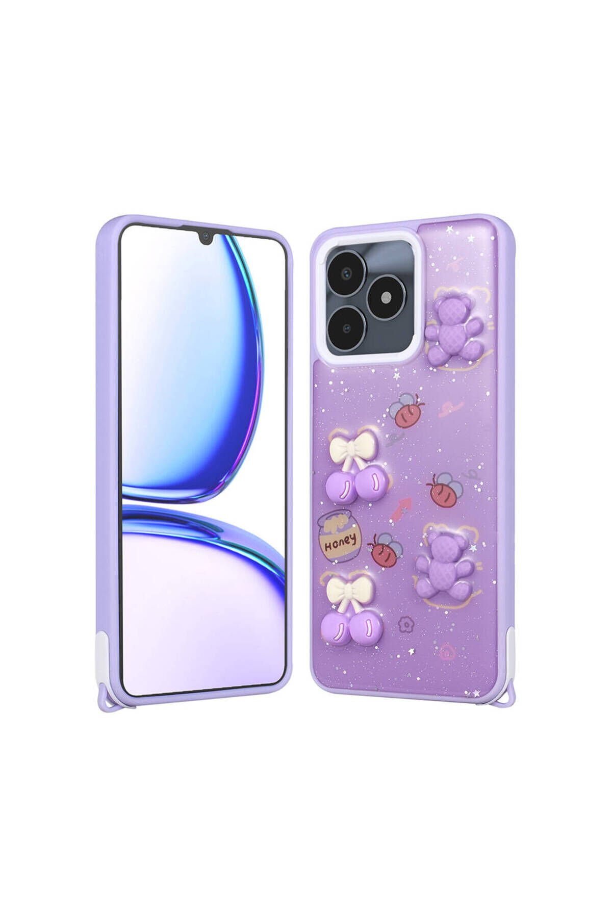 Realme C53 Kılıf Parlayan Simli Kabartma Figürlü BSAY Cevze Kapak - Pembe Mor Ayı