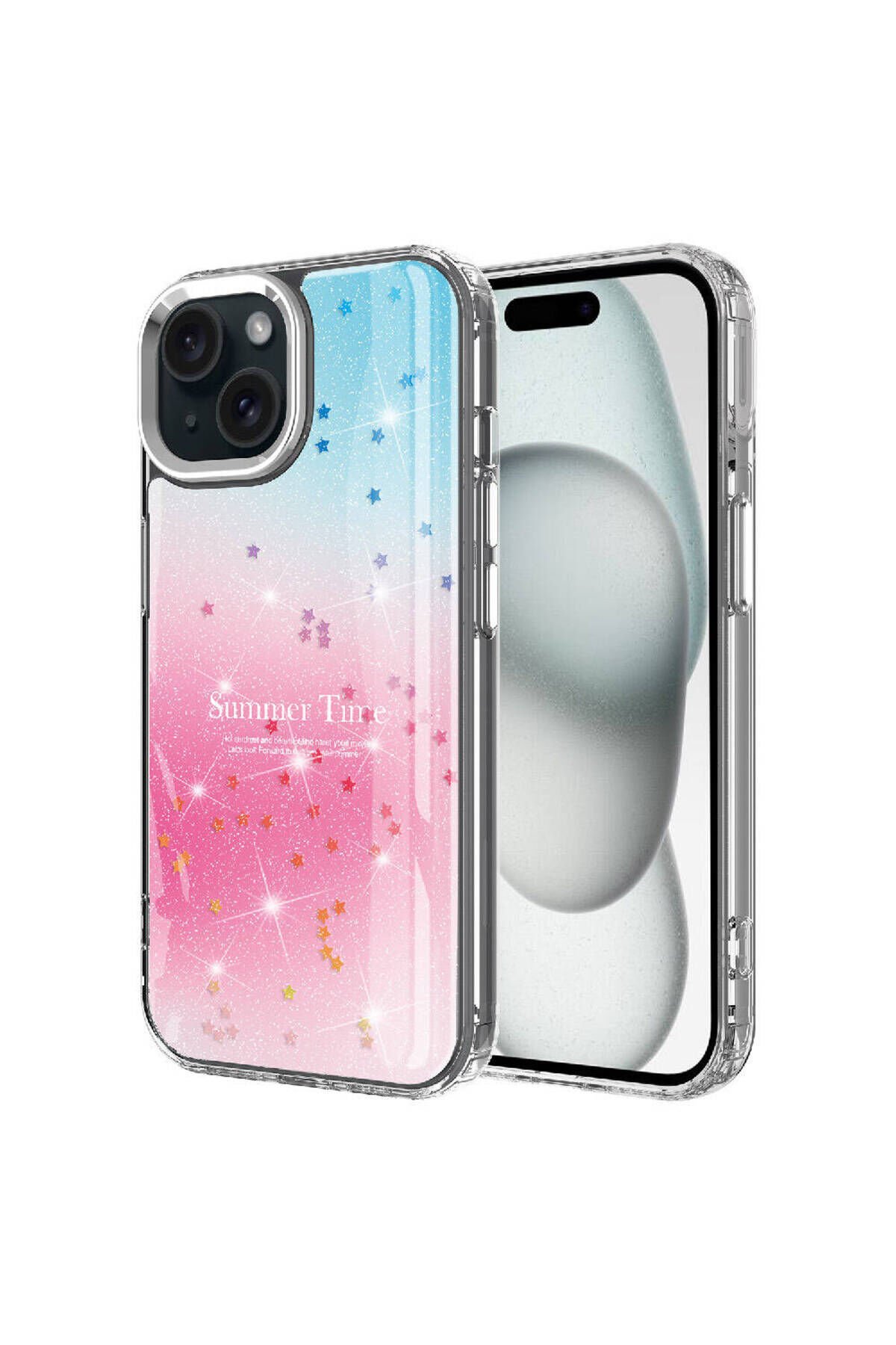 iPhone 15 Plus Uyumlu Simli Desenli Parlak BSAY Task Kılıf-Pembe