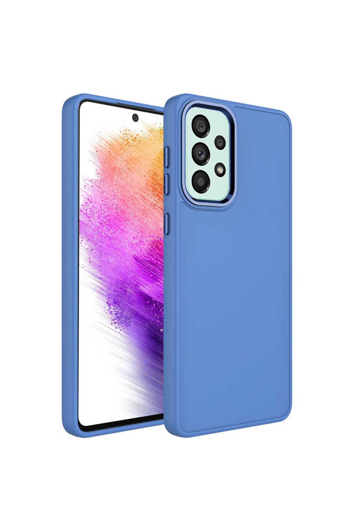 Galaxy A52 Kılıf Metal Çerçeve ve Buton Tasarımlı Silikon BSAY Luna Kapak - Koyu Yeşil Pembe