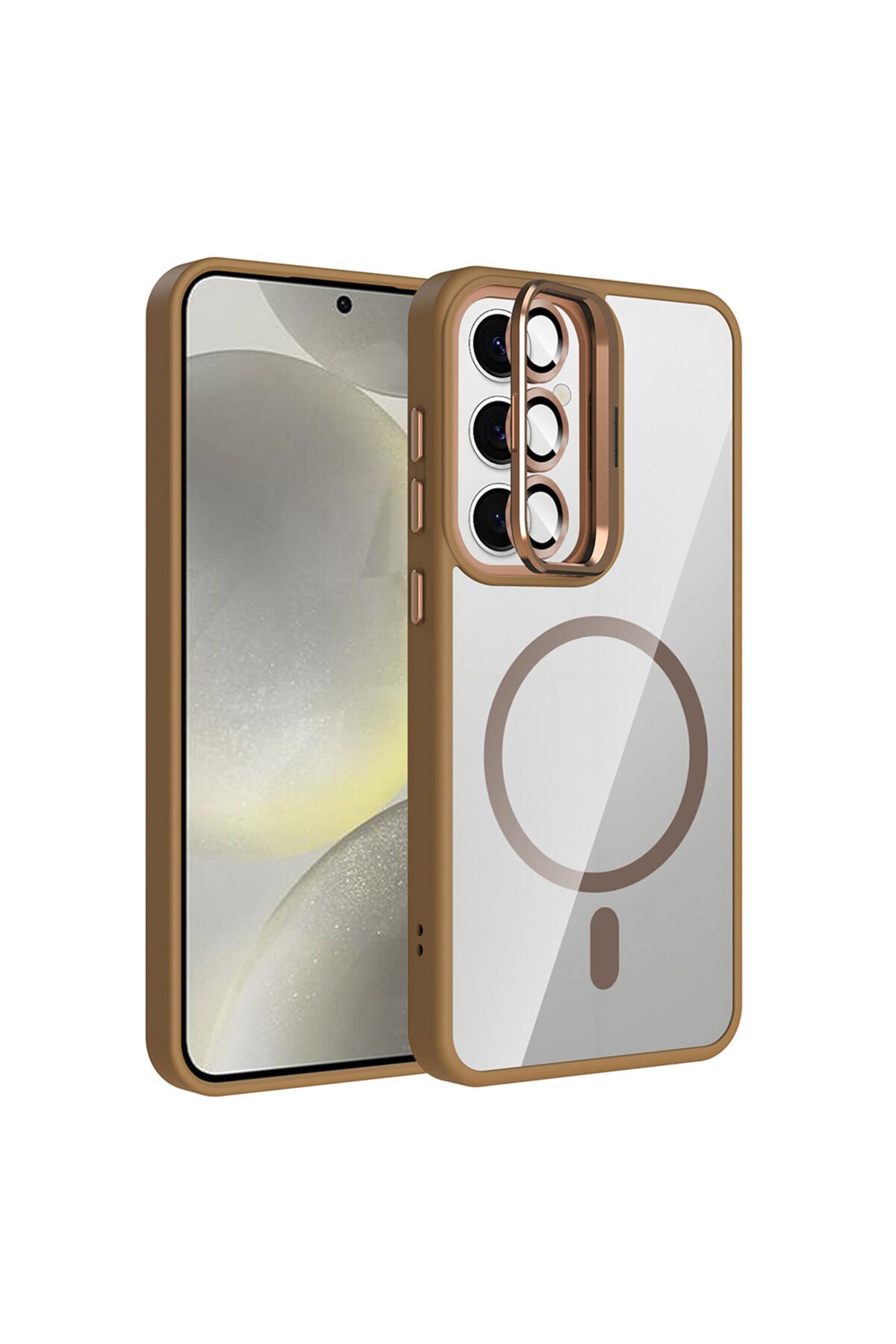 Galaxy S25 Kılıf Standlı ve Kamera Lens Hediyeli M-Safe Şarj Özellikli BSAY Etro Kapak - Pembe Desert Titanyum