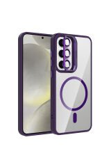Galaxy S25 Kılıf Standlı ve Kamera Lens Hediyeli M-Safe Şarj Özellikli NXAR Etro Kapak - Derin Mor Derin Mor