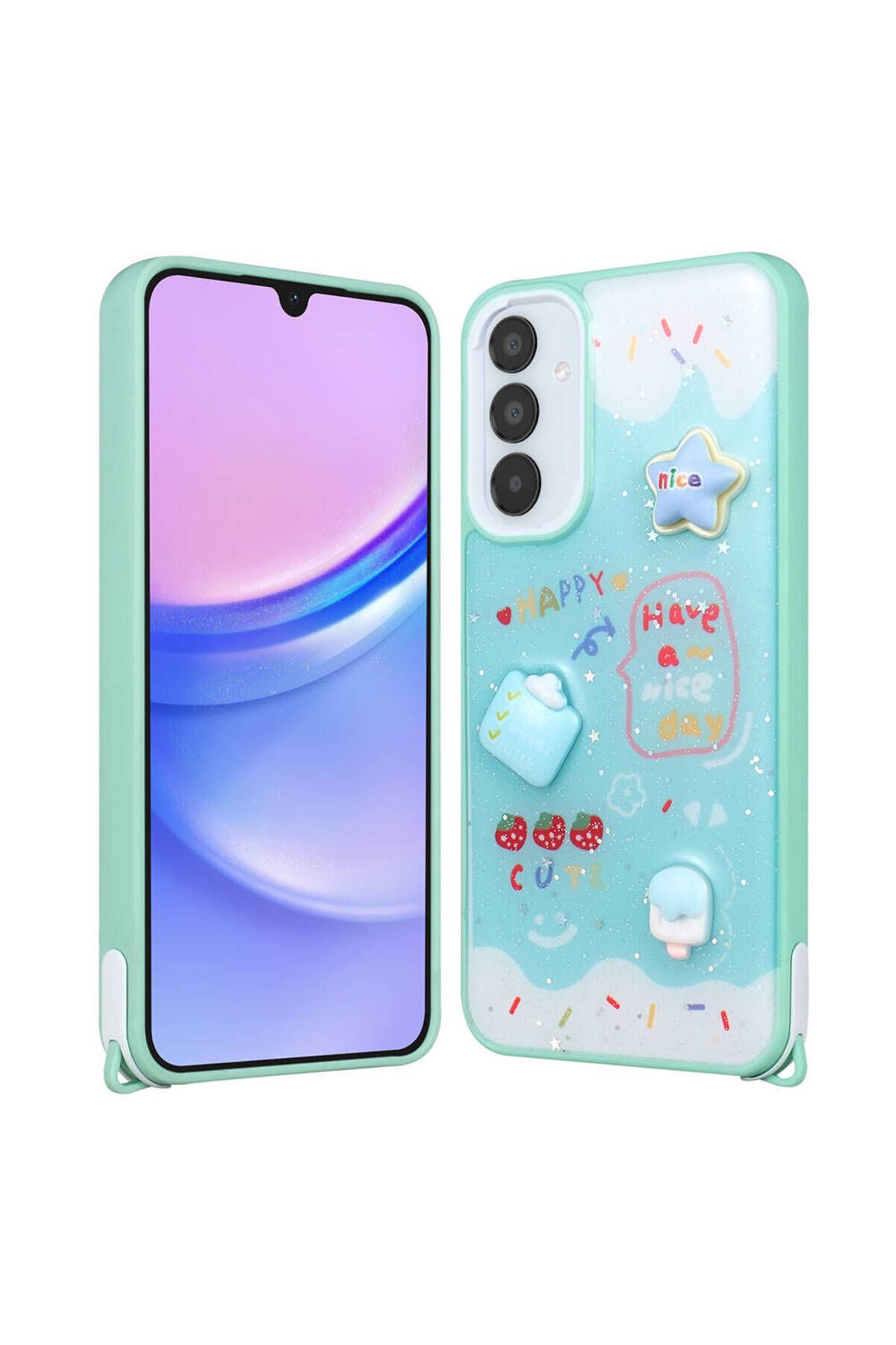 Galaxy A15 Kılıf Parlayan Simli Kabartma Figürlü BSAY Cevze Kapak - Yeşil Yeşil