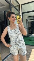 Nakışlı Kare Yaka Bluz Şortlu Takım