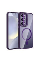 Galaxy S25 Plus Kılıf Standlı ve Kamera Lens Hediyeli M-Safe Şarj Özellikli NXAR Etro Kapak - Derin Derin Mor