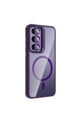 Galaxy S25 Plus Kılıf Standlı ve Kamera Lens Hediyeli M-Safe Şarj Özellikli NXAR Etro Kapak - Derin Derin Mor