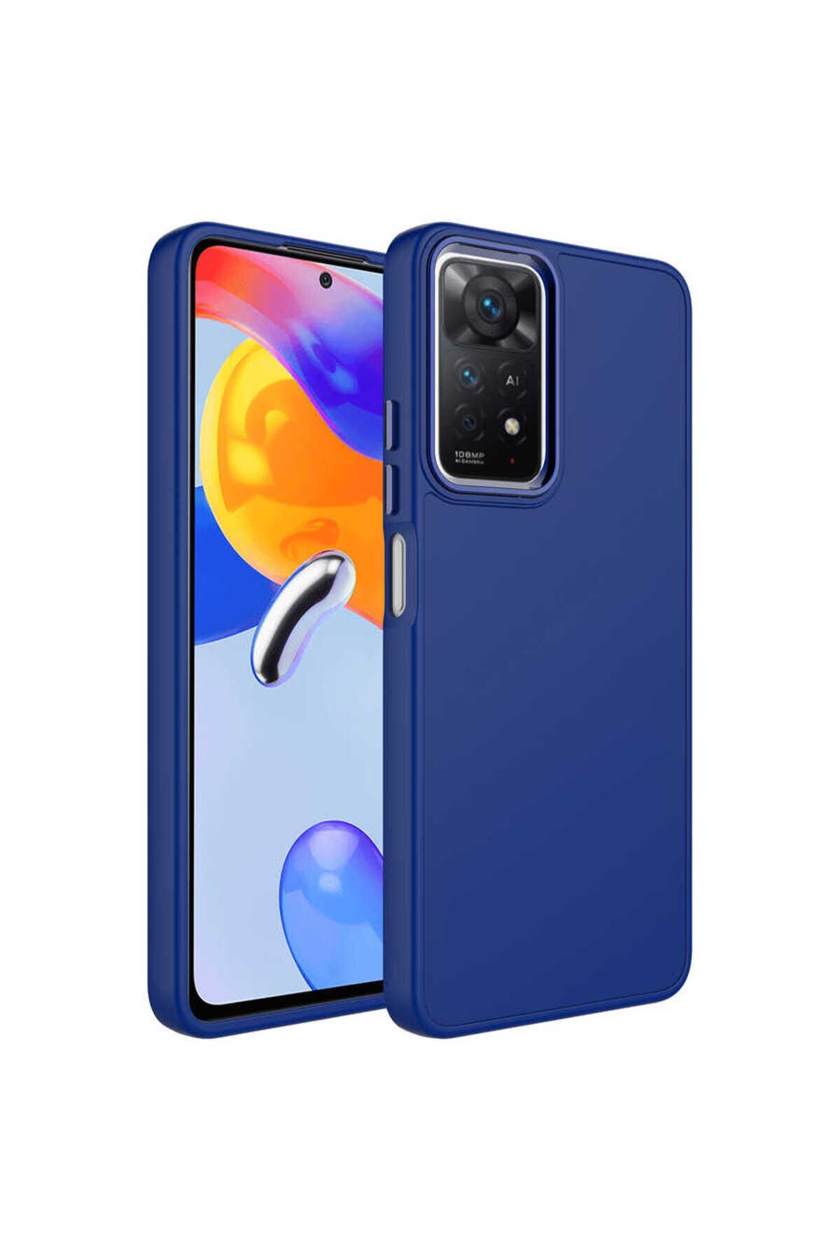 Redmi Note 11S Global Kılıf Metal Çerçeve ve Buton Tasarımlı Silikon BSAY Luna Kapak - Pembe Lacivert