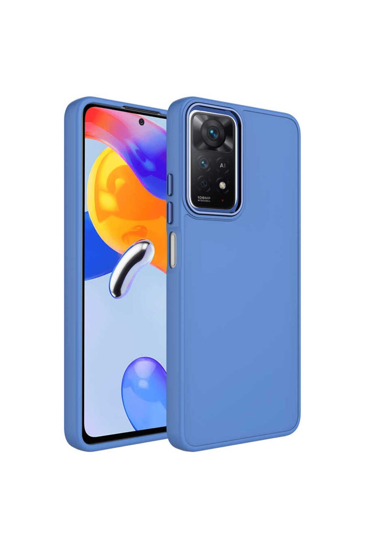 Redmi Note 11S Global Kılıf Metal Çerçeve ve Buton Tasarımlı Silikon BSAY Luna Kapak - Pembe Lacivert