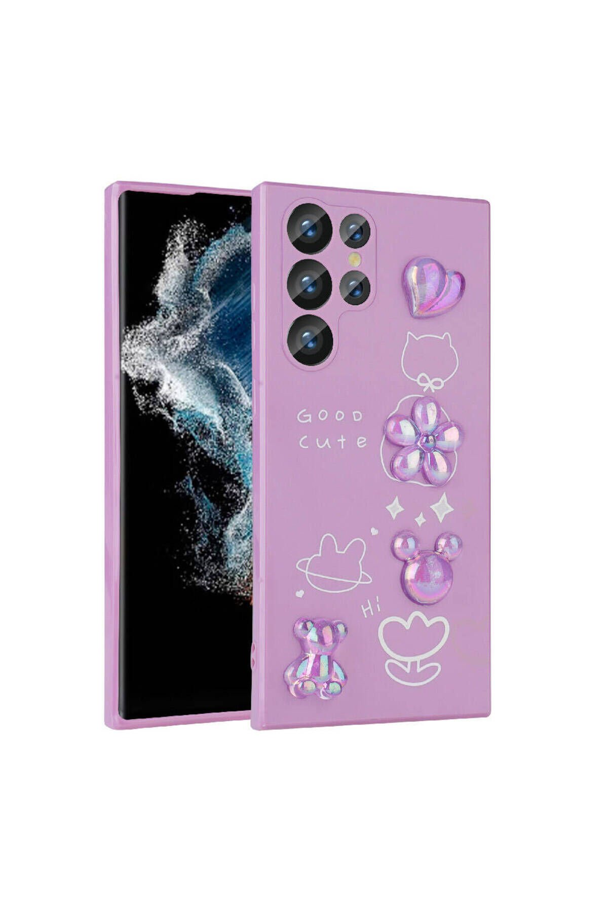 Galaxy S22 Ultra Uyumlu Kabartma Figürlü Parlak BSAY Toys Silikon Kılıf-Pembe Mor