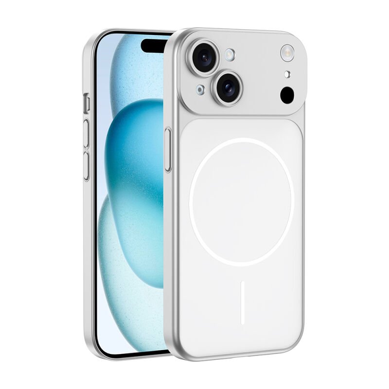 iPhone 15 Kılıf Zore M-Safe Şarj Özellikli Kamera Korumalı Spark Kılıf Gümüş