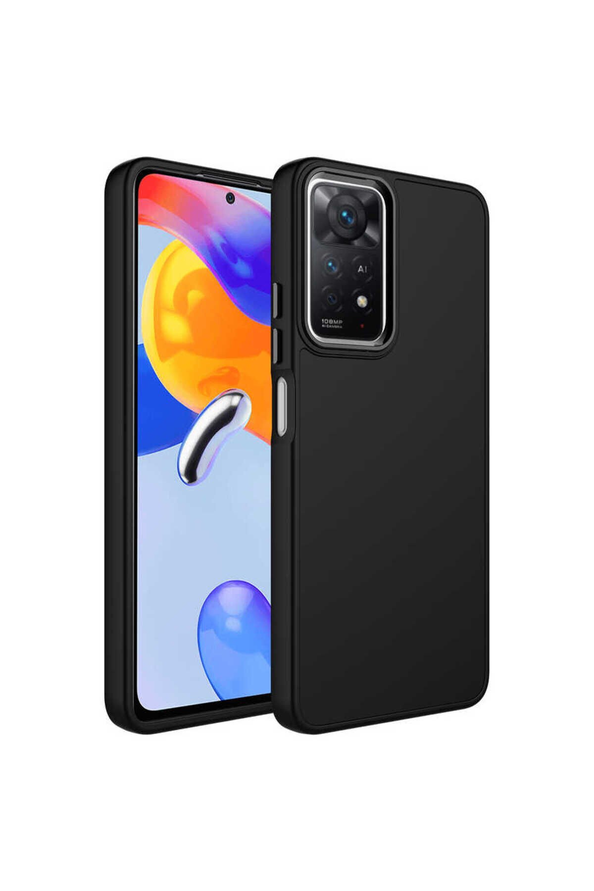 Redmi Note 11S Global Kılıf Metal Çerçeve ve Buton Tasarımlı Silikon BSAY Luna Kapak - Pembe Siyah