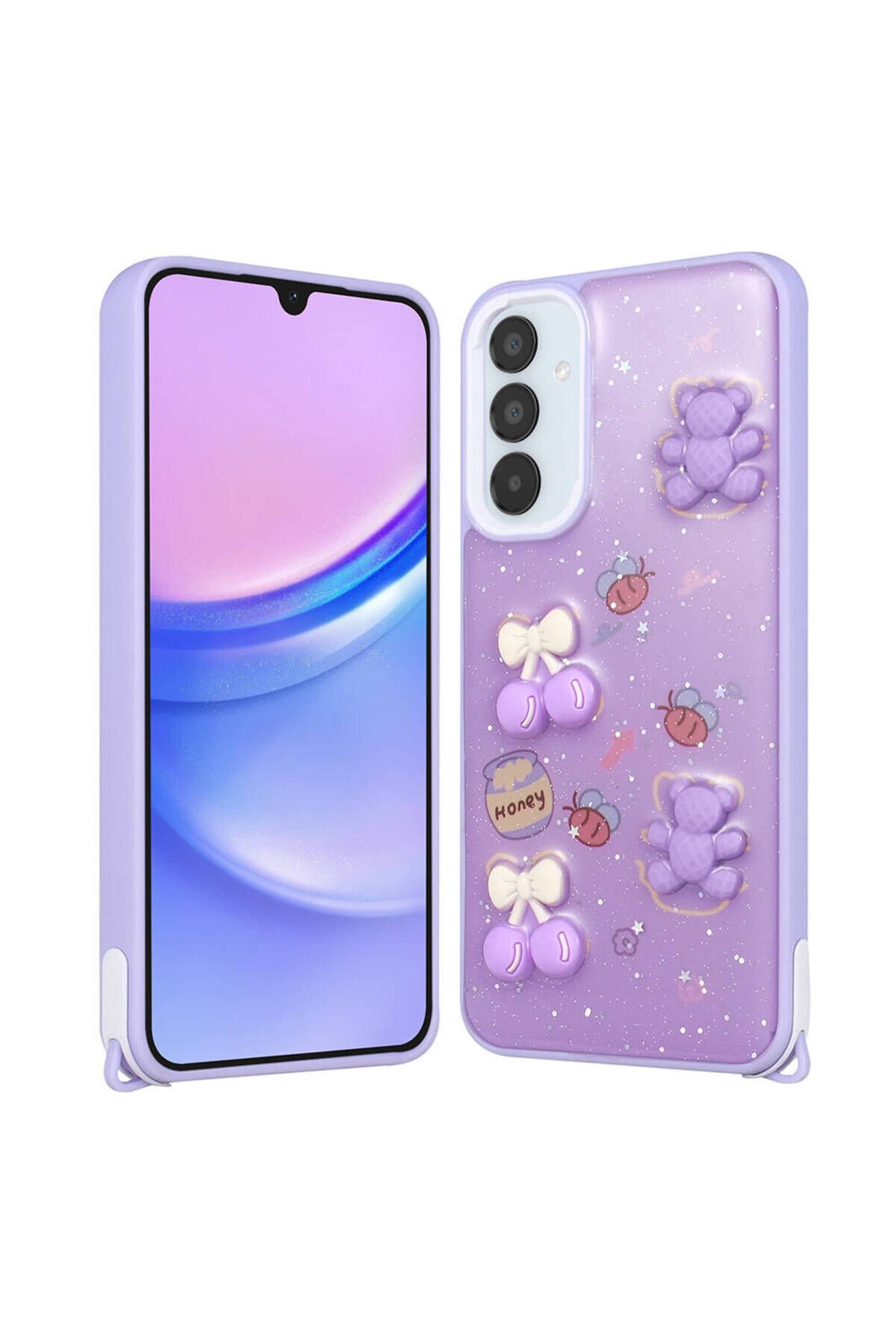 Galaxy A34 Kılıf Parlayan Simli Kabartma Figürlü SBT Cevze Kapak - Pembe Mor Ayı