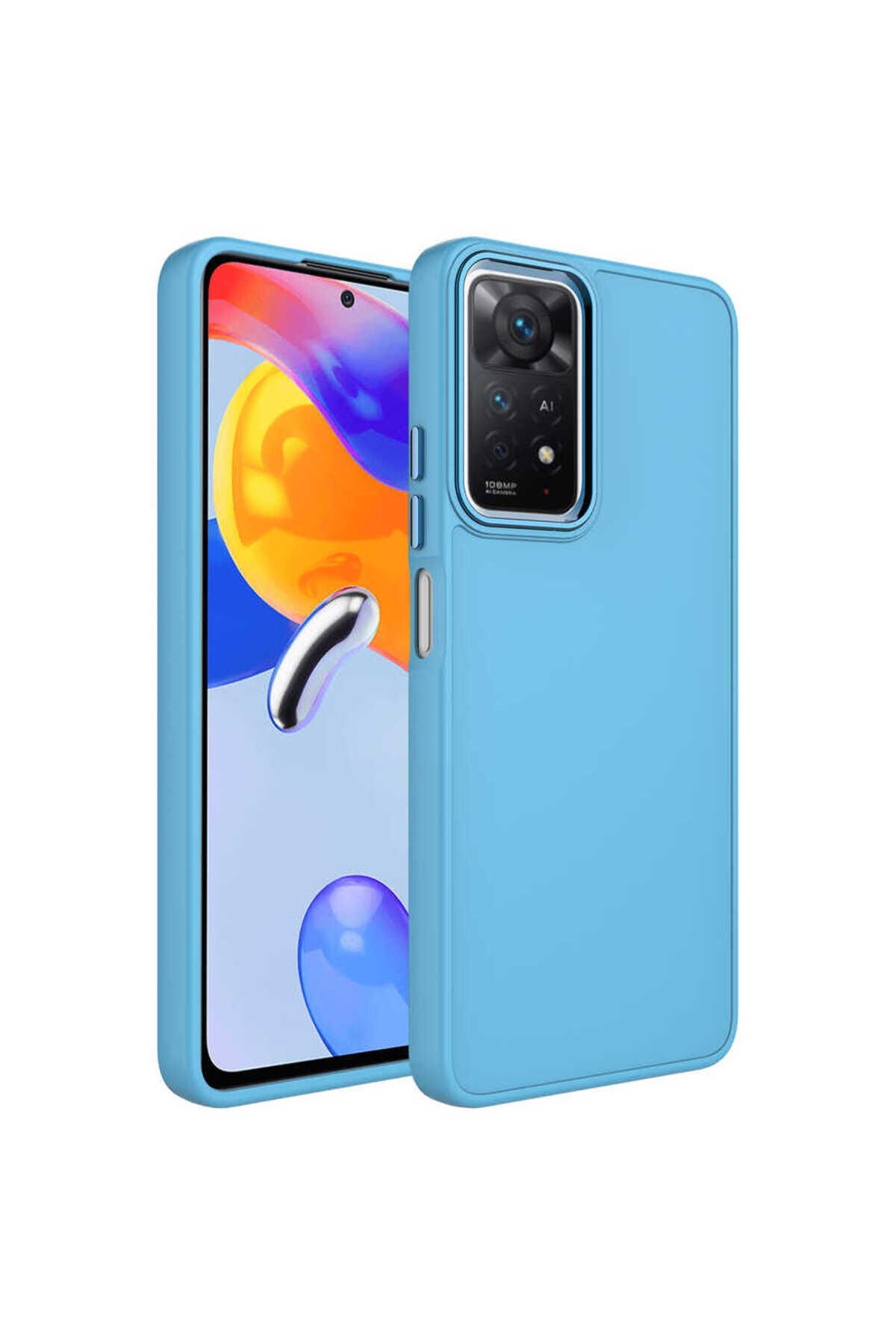 Redmi Note 11S Global Kılıf Metal Çerçeve ve Buton Tasarımlı Silikon BSAY Luna Kapak - Pembe Sierra Mavi