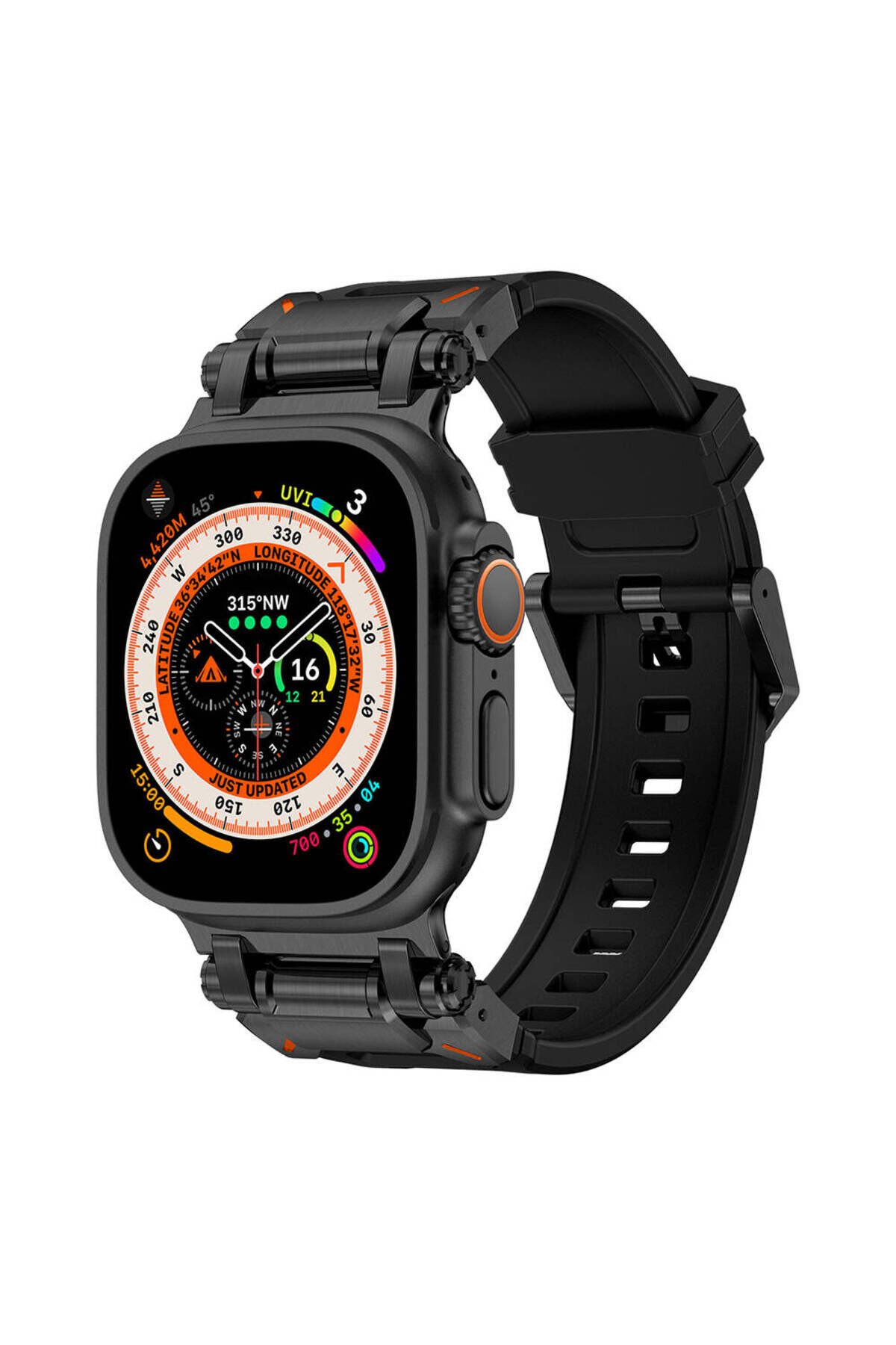 Watch Ultra 49mm Uyumlu BSAY- KRD-101 Titanyum Metal Başlıklı Silikon Kordon-Siyah Siyah