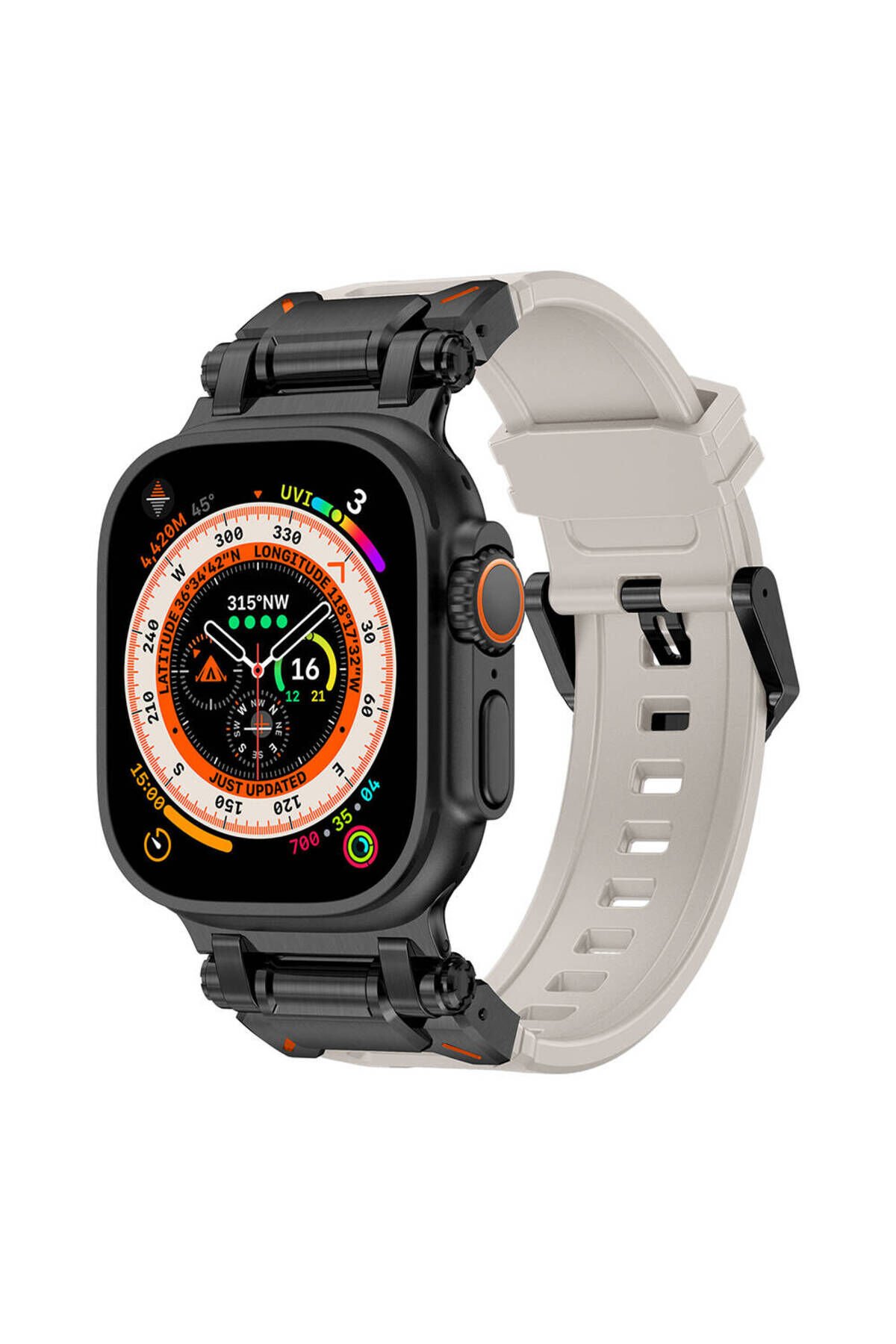 Watch Ultra 49mm Uyumlu BSAY- KRD-101 Titanyum Metal Başlıklı Silikon Kordon-Siyah Siyah