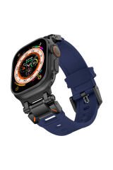 Watch Ultra 49mm Uyumlu BSAY- KRD-101 Titanyum Metal Başlıklı Silikon Kordon-Siyah Siyah