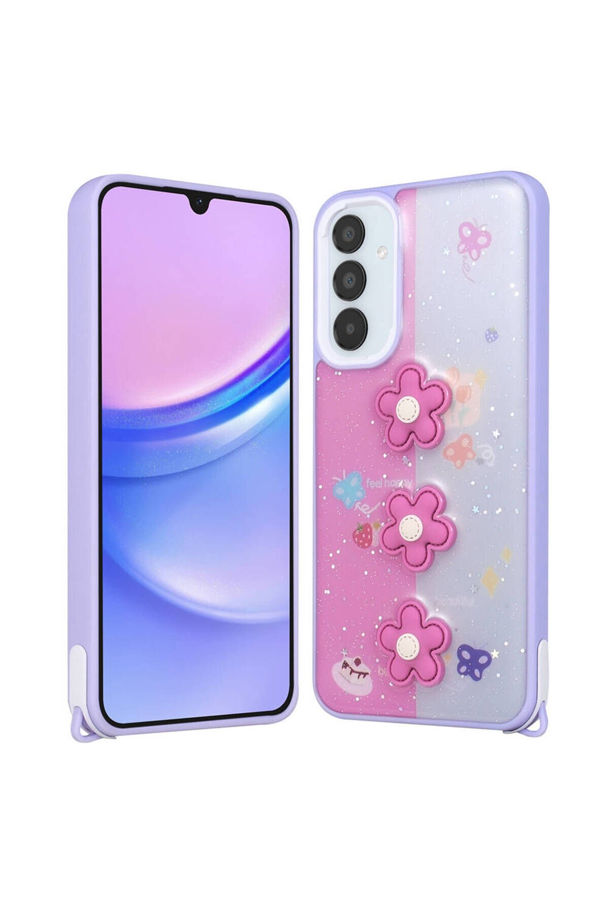 Galaxy A34 Kılıf Parlayan Simli Kabartma Figürlü SBT Cevze Kapak - Pembe Mor Papatya
