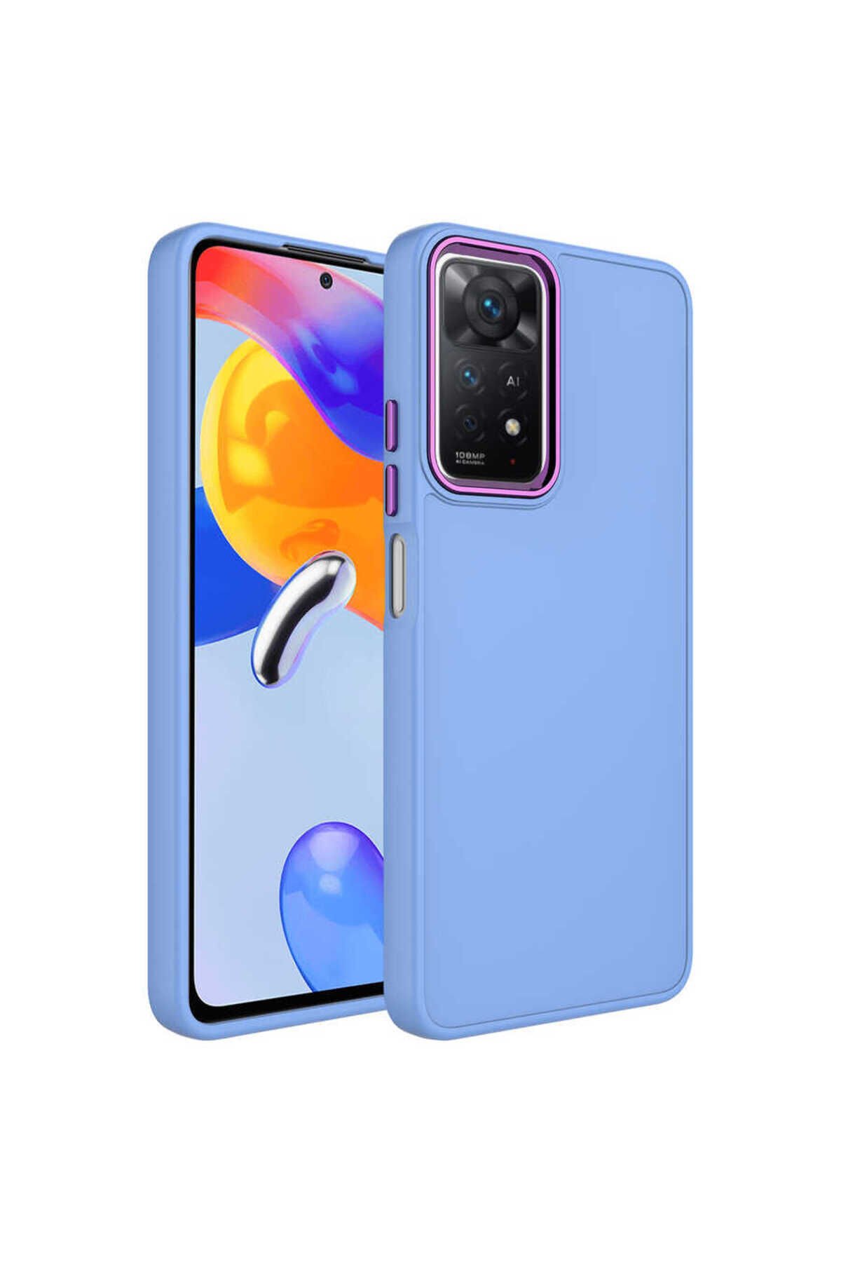 Redmi Note 11S Global Kılıf Metal Çerçeve ve Buton Tasarımlı Silikon BSAY Luna Kapak - Pembe Lila
