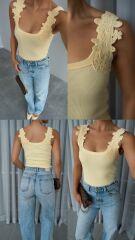 Omuzdan Dantelli Askılı Bluz Sarı - L