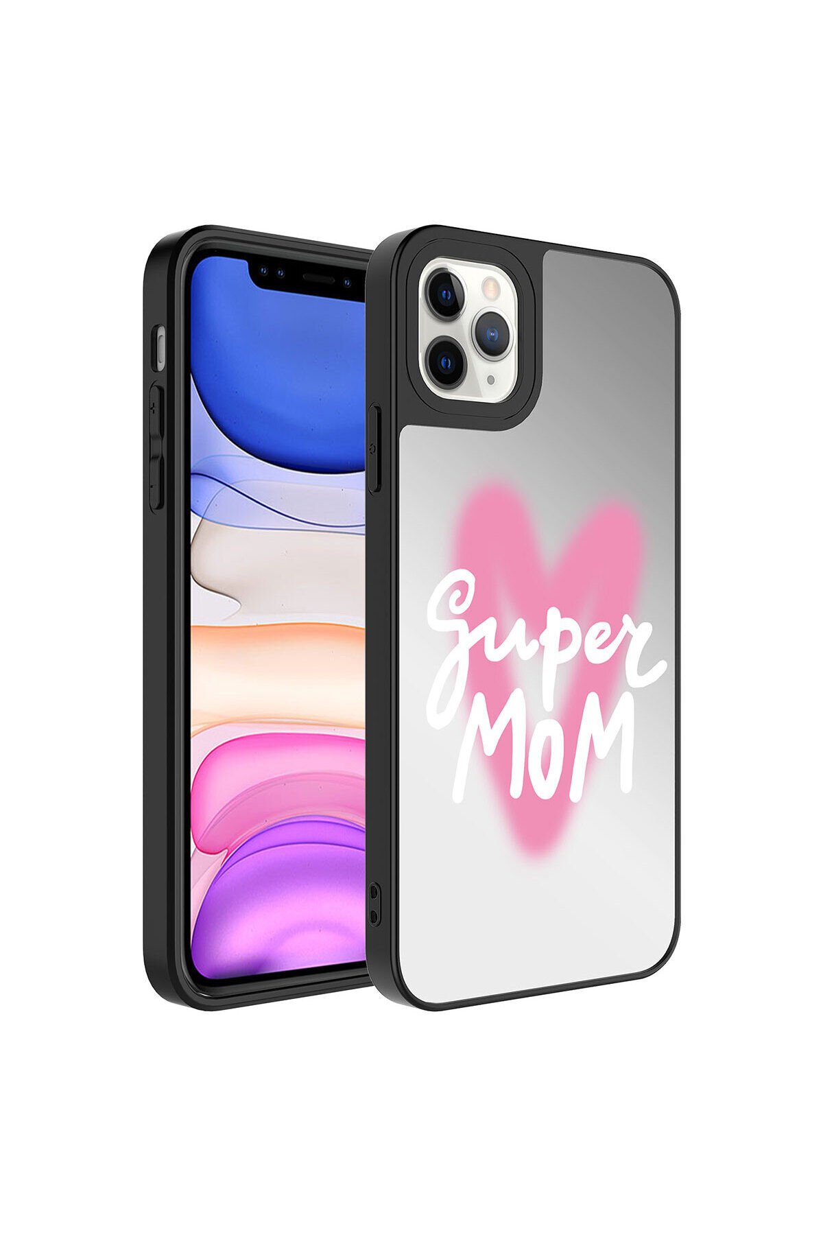 iPhone 11 Pro Max Uyumlu Aynalı Desenli Kamera Korumalı Parlak BSAY Mirror Kılıf-Yıldız Süper Anne