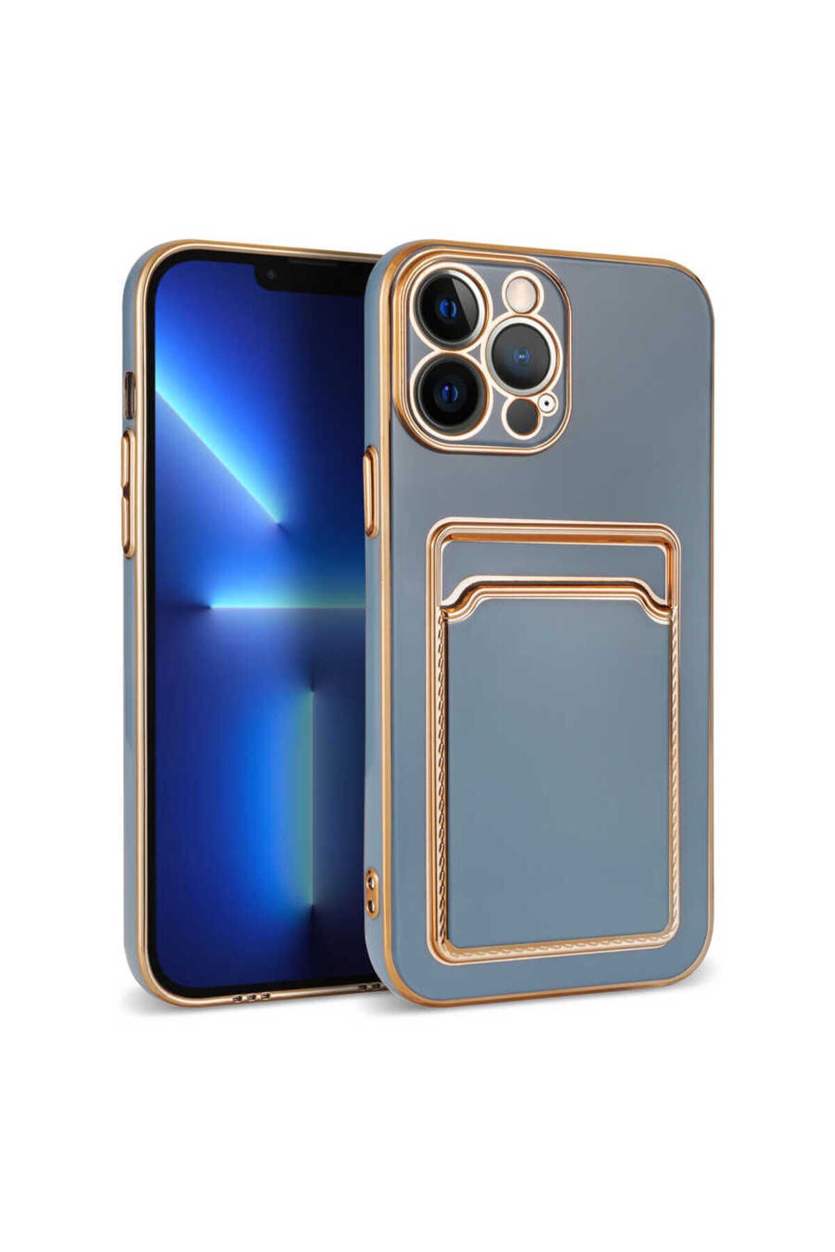 iPhone 13 Pro Max Uyumlu BSAY Bark Kartlıklı Kılıf-Rose Gold Mavi