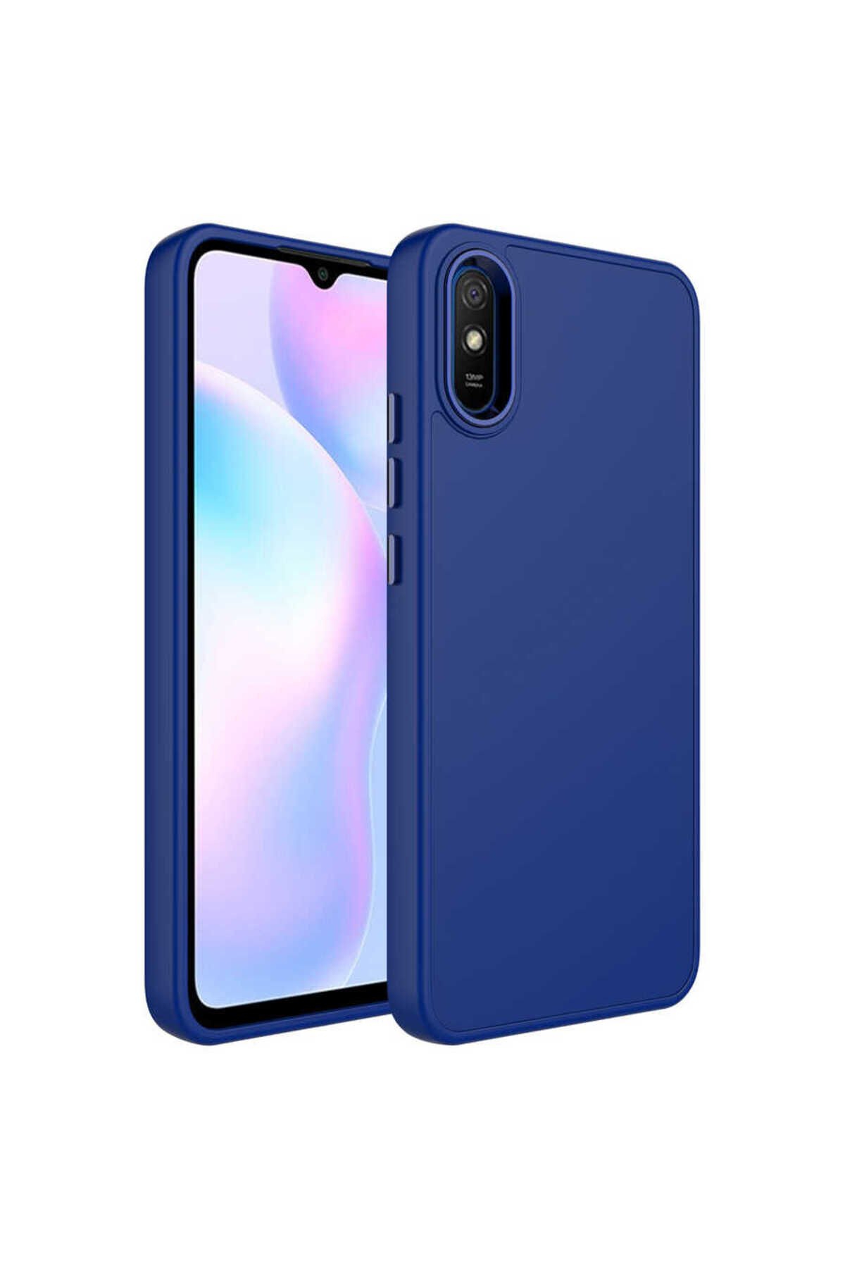 Redmi 9A Kılıf Metal Çerçeve ve Buton Tasarımlı Silikon SBT Luna Kapak - Lacivert Lacivert