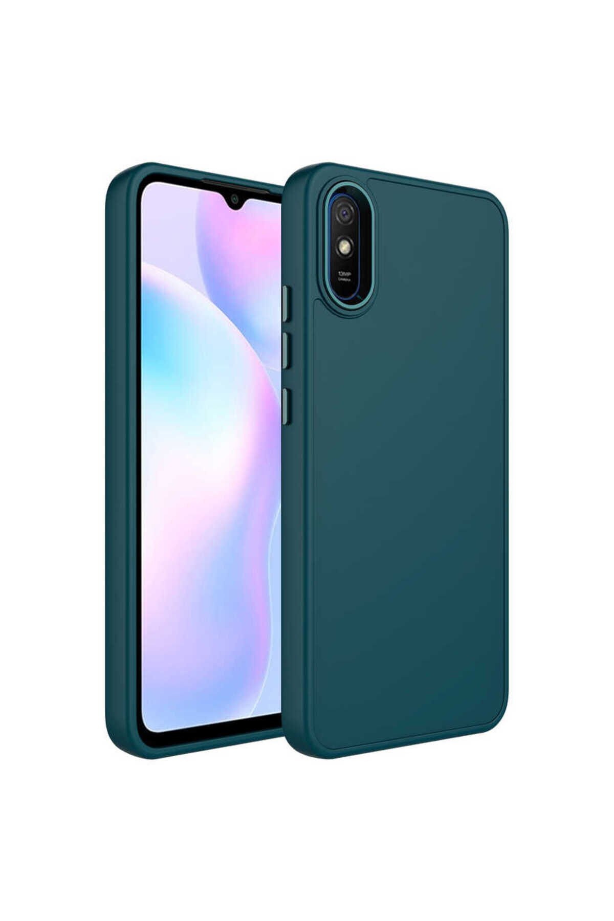 Redmi 9A Kılıf Metal Çerçeve ve Buton Tasarımlı Silikon SBT Luna Kapak - Lacivert Lacivert