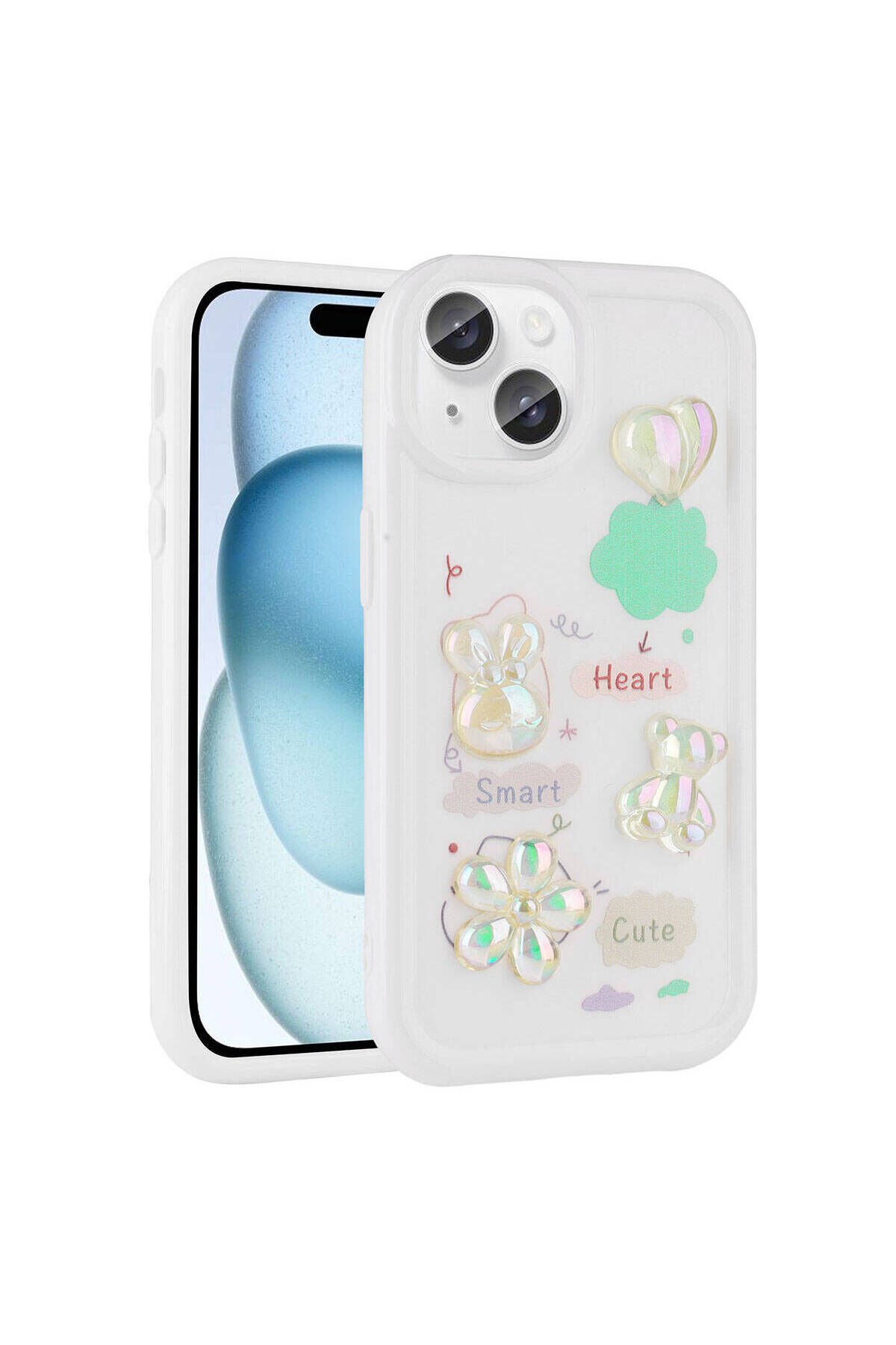 iPhone 14 Uyumlu Kabartma Figürlü Parlak BSAY Toys Silikon Kılıf-Beyaz
