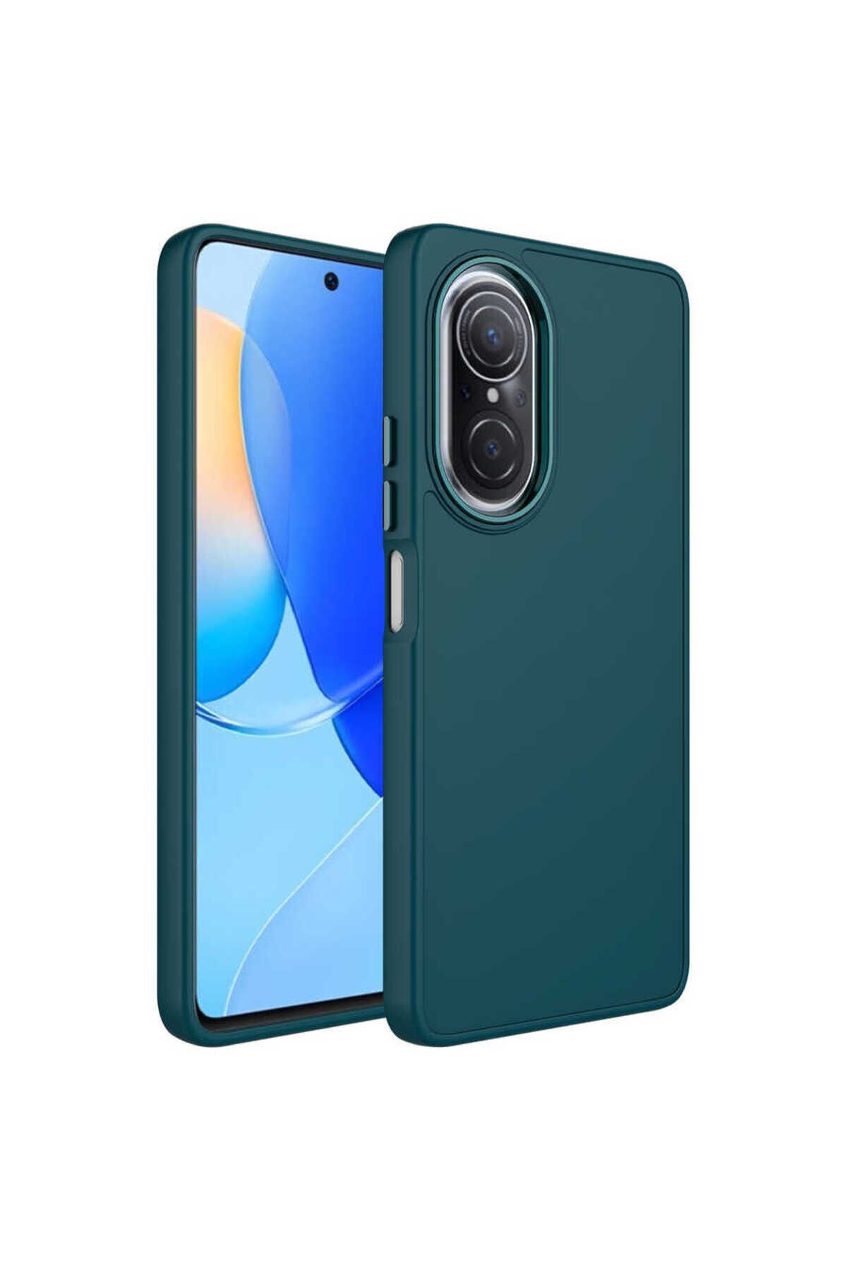 Huawei Nova 9 SE Kılıf Metal Çerçeve ve Buton Tasarımlı Silikon BSAY Luna Kapak - Pembe Koyu Yeşil