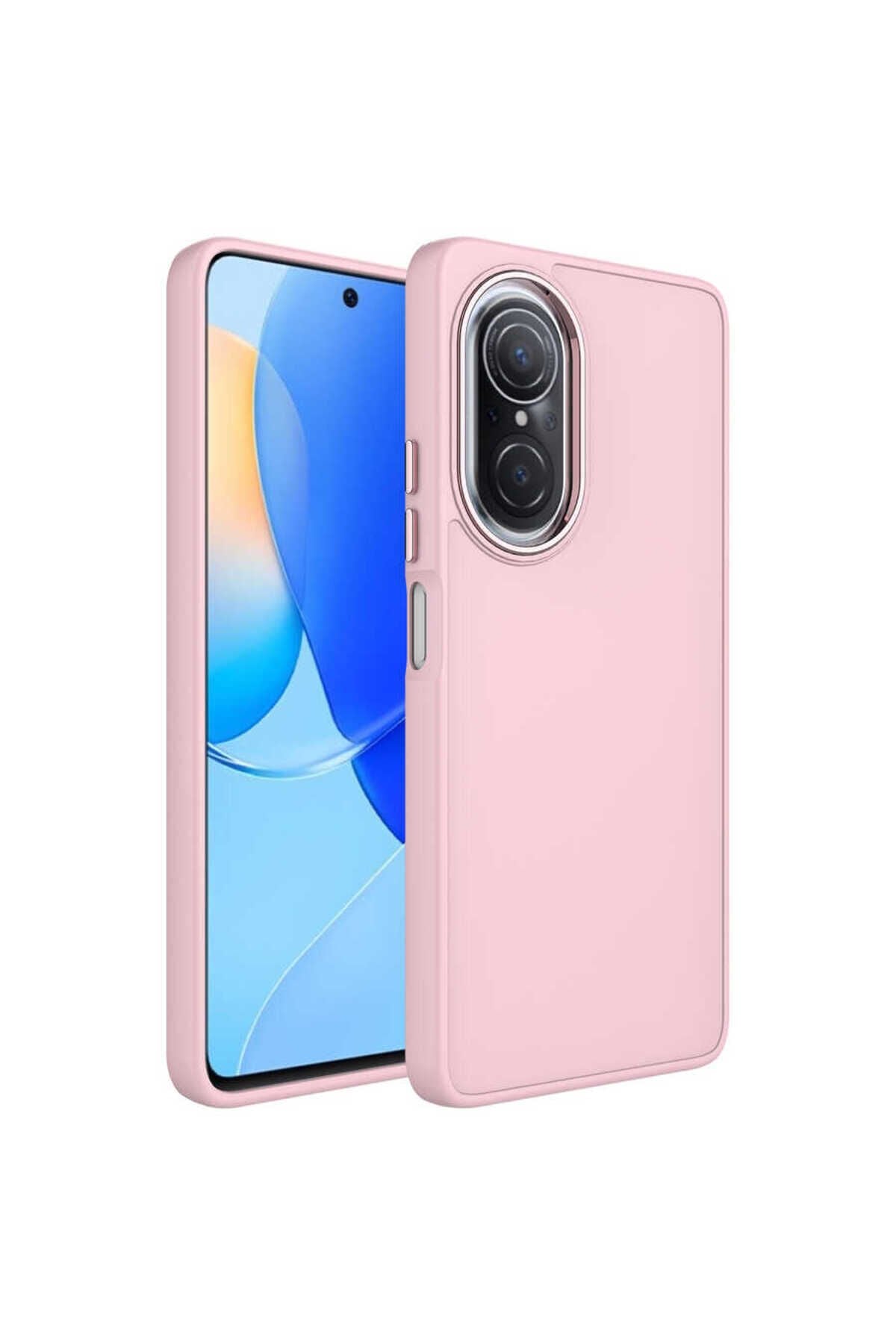 Huawei Nova 9 SE Kılıf Metal Çerçeve ve Buton Tasarımlı Silikon BSAY Luna Kapak - Pembe Lavendery Gray