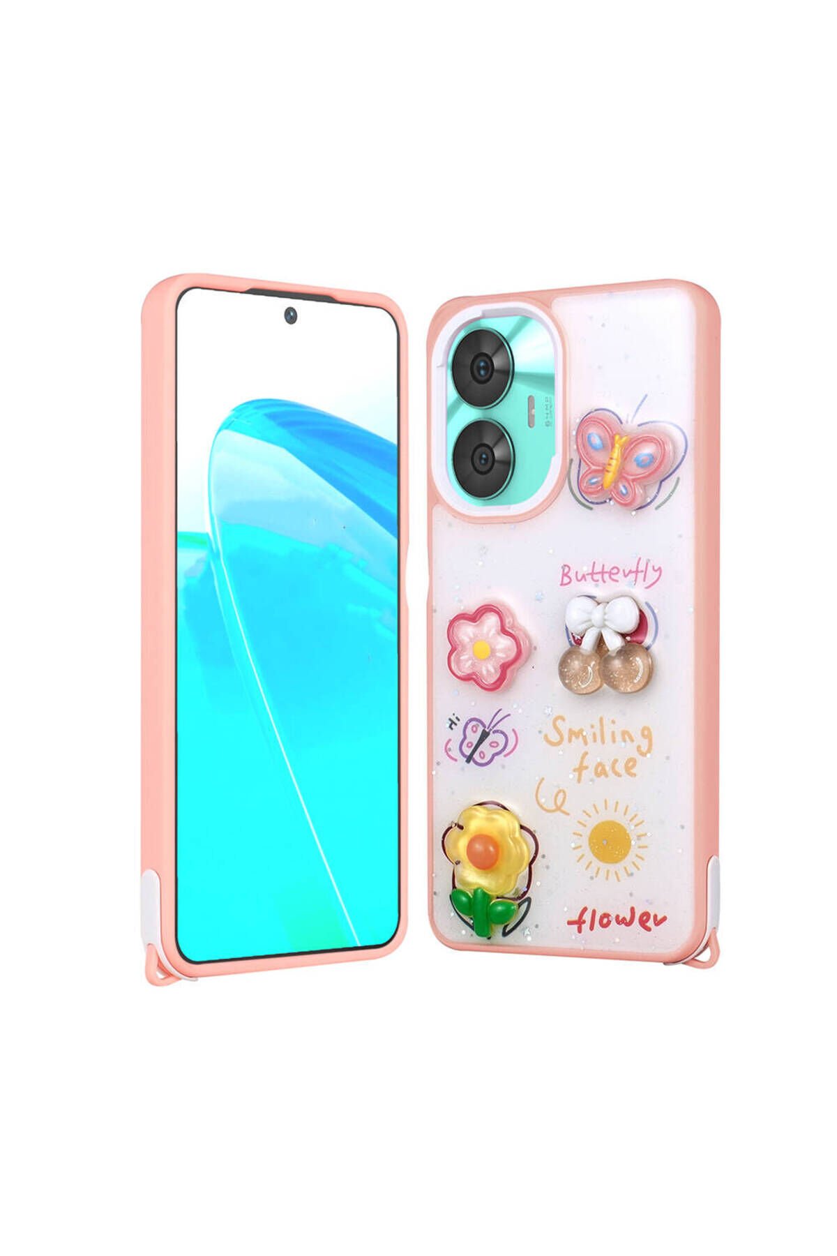 Realme C55 Kılıf Parlayan Simli Kabartma Figürlü BSAY Cevze Kapak - Pembe Pembe