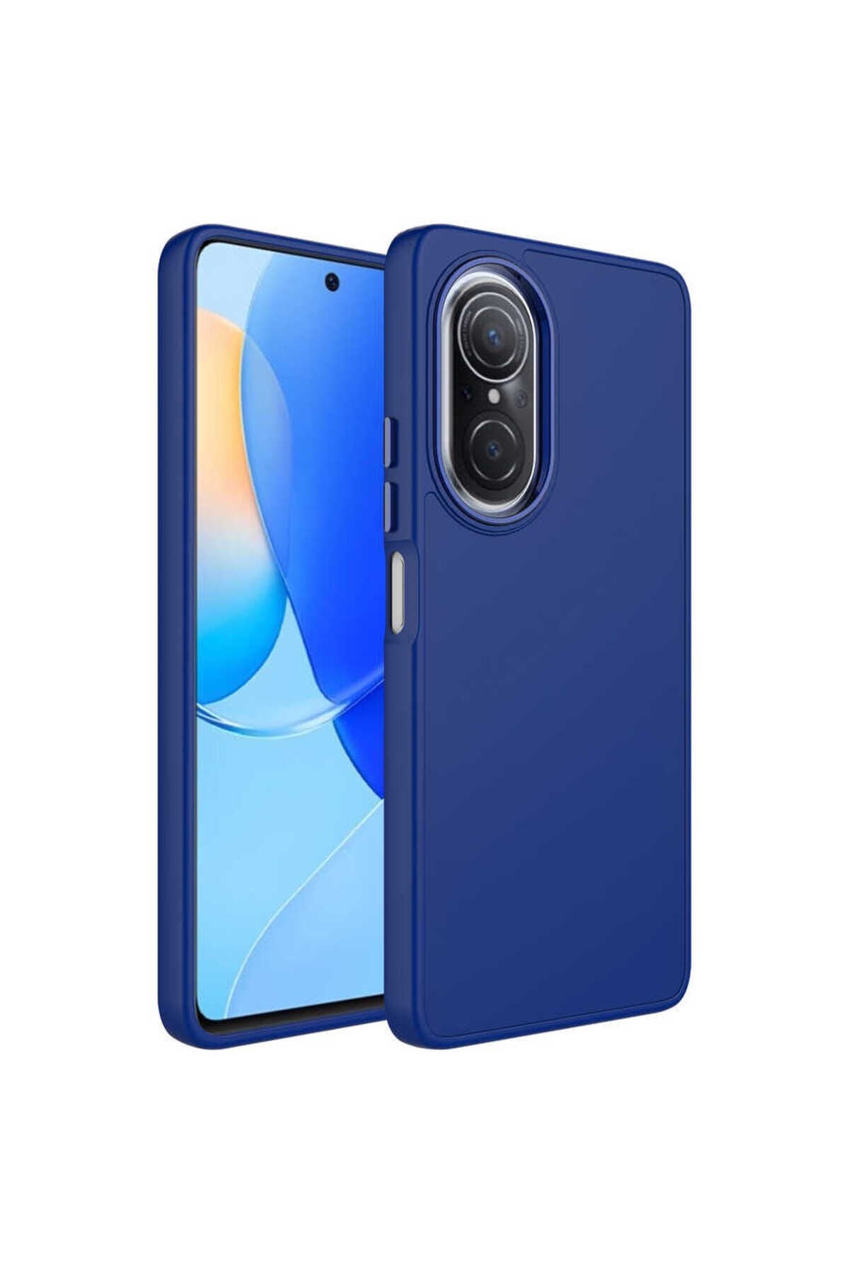 Huawei Nova 9 SE Kılıf Metal Çerçeve ve Buton Tasarımlı Silikon BSAY Luna Kapak - Pembe Lacivert