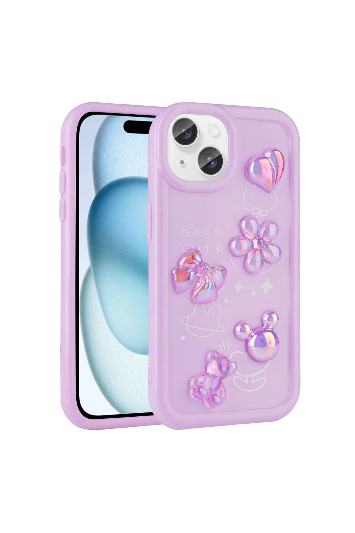 iPhone 15 Uyumlu Kabartma Figürlü Parlak BSAY Toys Silikon Kılıf-Mor