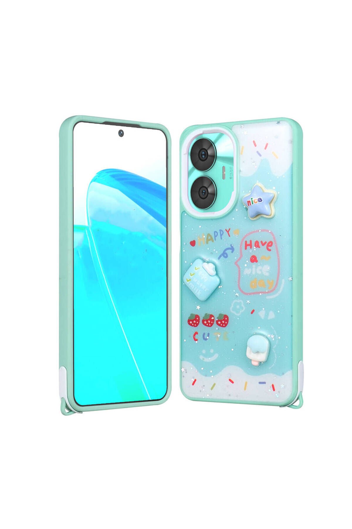 Realme C55 Kılıf Parlayan Simli Kabartma Figürlü BSAY Cevze Kapak - Pembe Yeşil