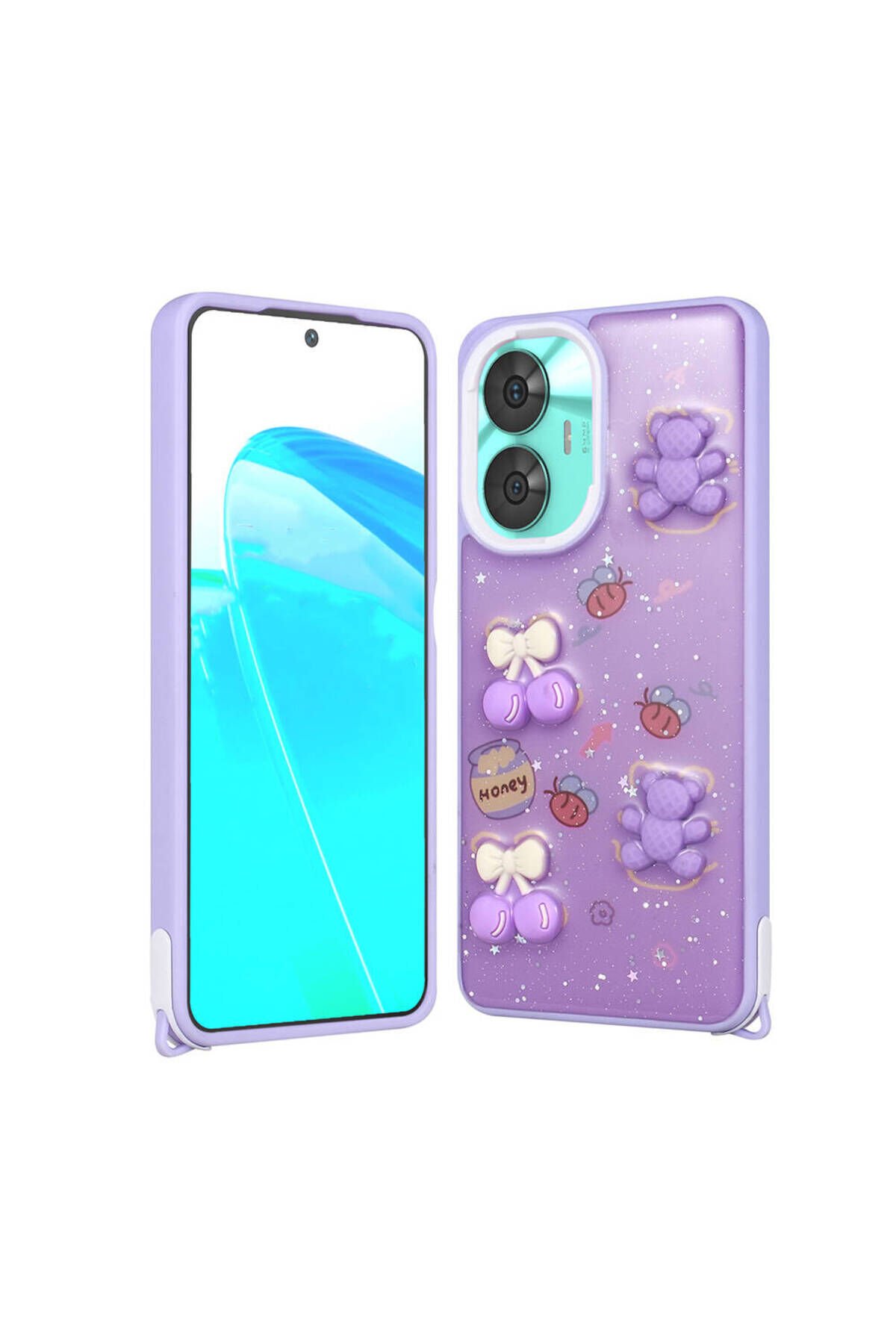 Realme C55 Kılıf Parlayan Simli Kabartma Figürlü BSAY Cevze Kapak - Pembe Yeşil