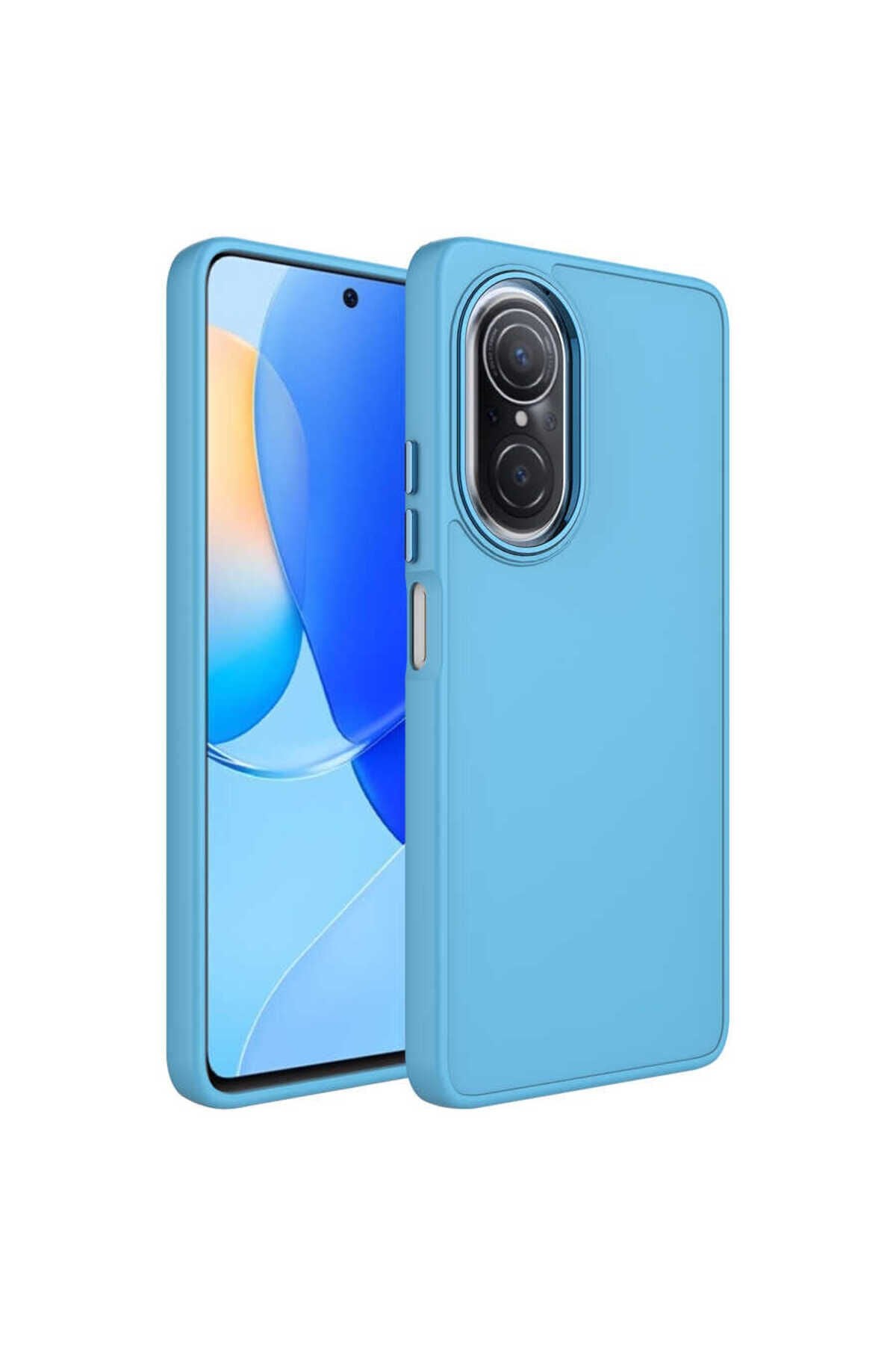 Huawei Nova 9 SE Kılıf Metal Çerçeve ve Buton Tasarımlı Silikon BSAY Luna Kapak - Pembe Sierra Mavi