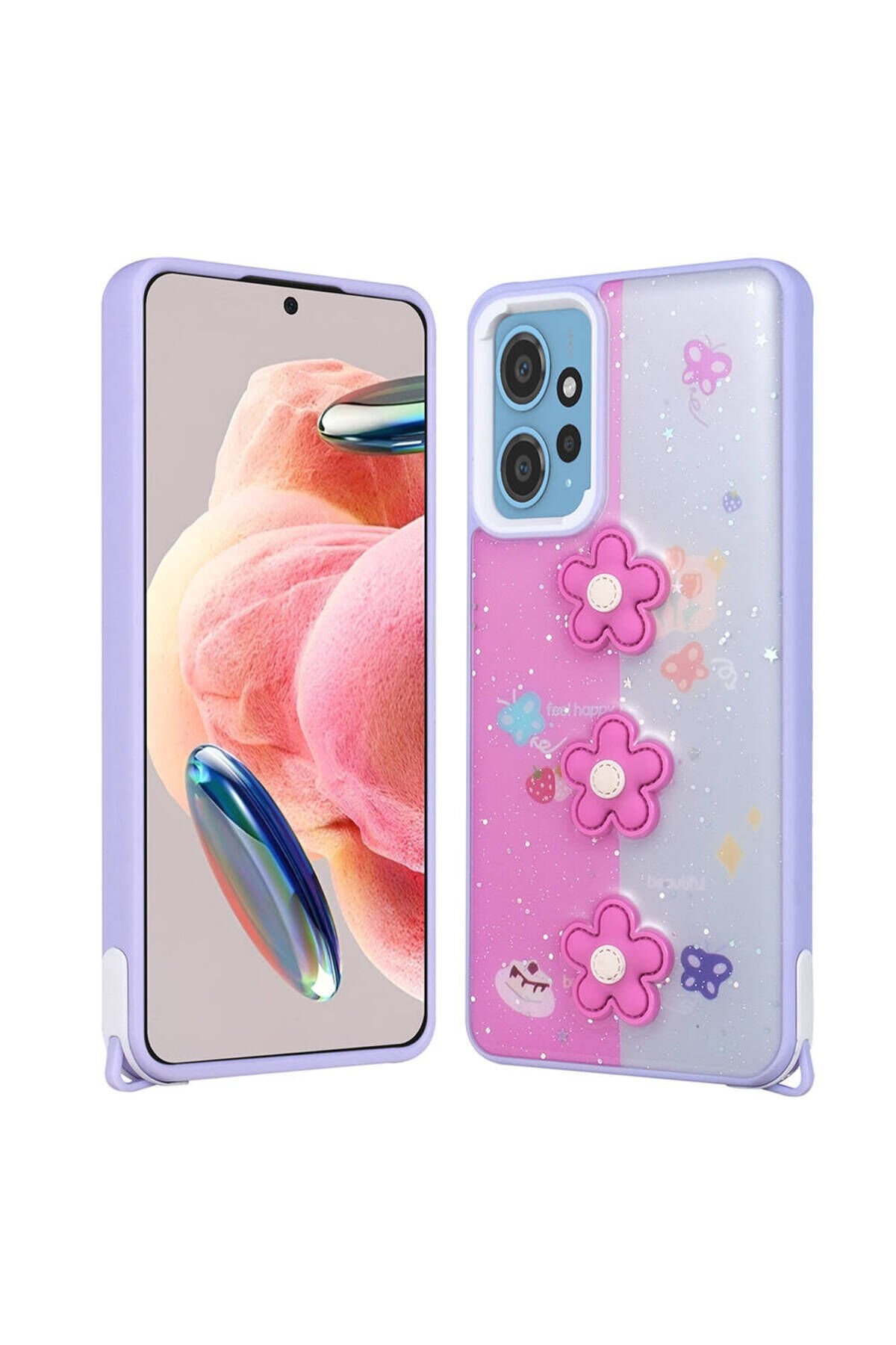Redmi 12 4G Kılıf Parlayan Simli Kabartma Figürlü BSAY Cevze Kapak - Mor Papatya Mor Papatya