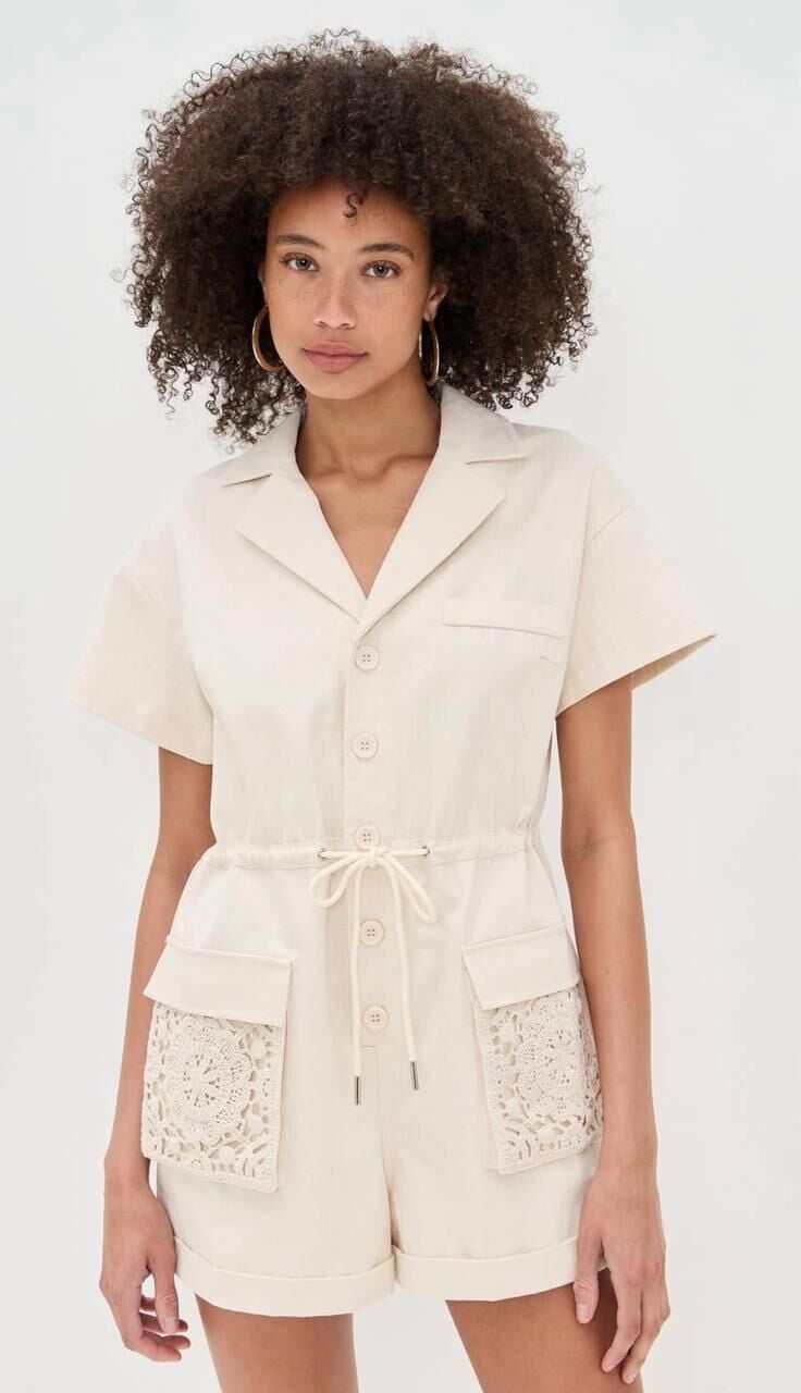 Cep Detaylı Bağcıklı Keten Tulum Bej - XL