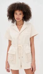 Cep Detaylı Bağcıklı Keten Tulum Bej - XL